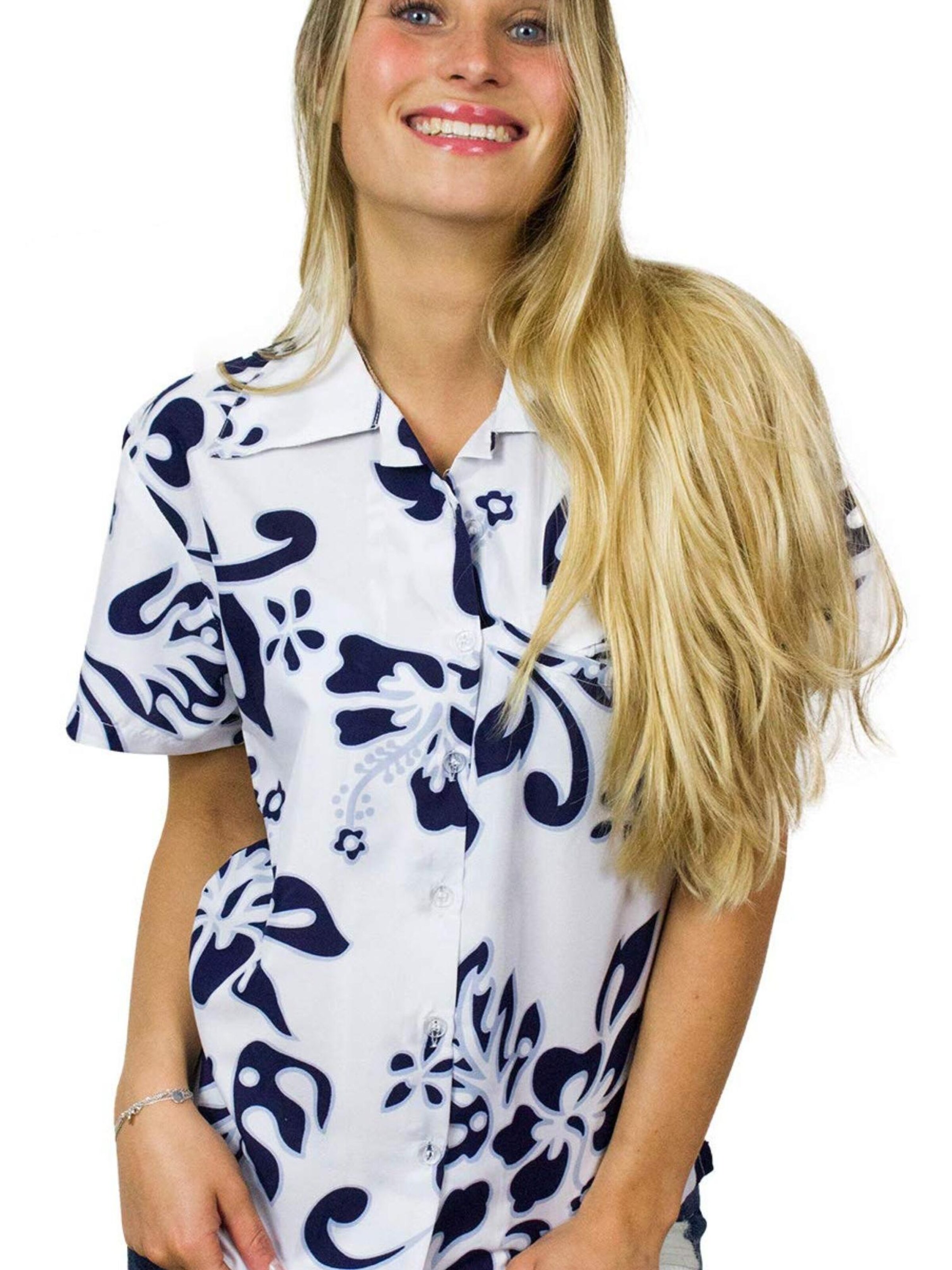 King Kameha Blouse 'Hibiscus White Line' in Blue