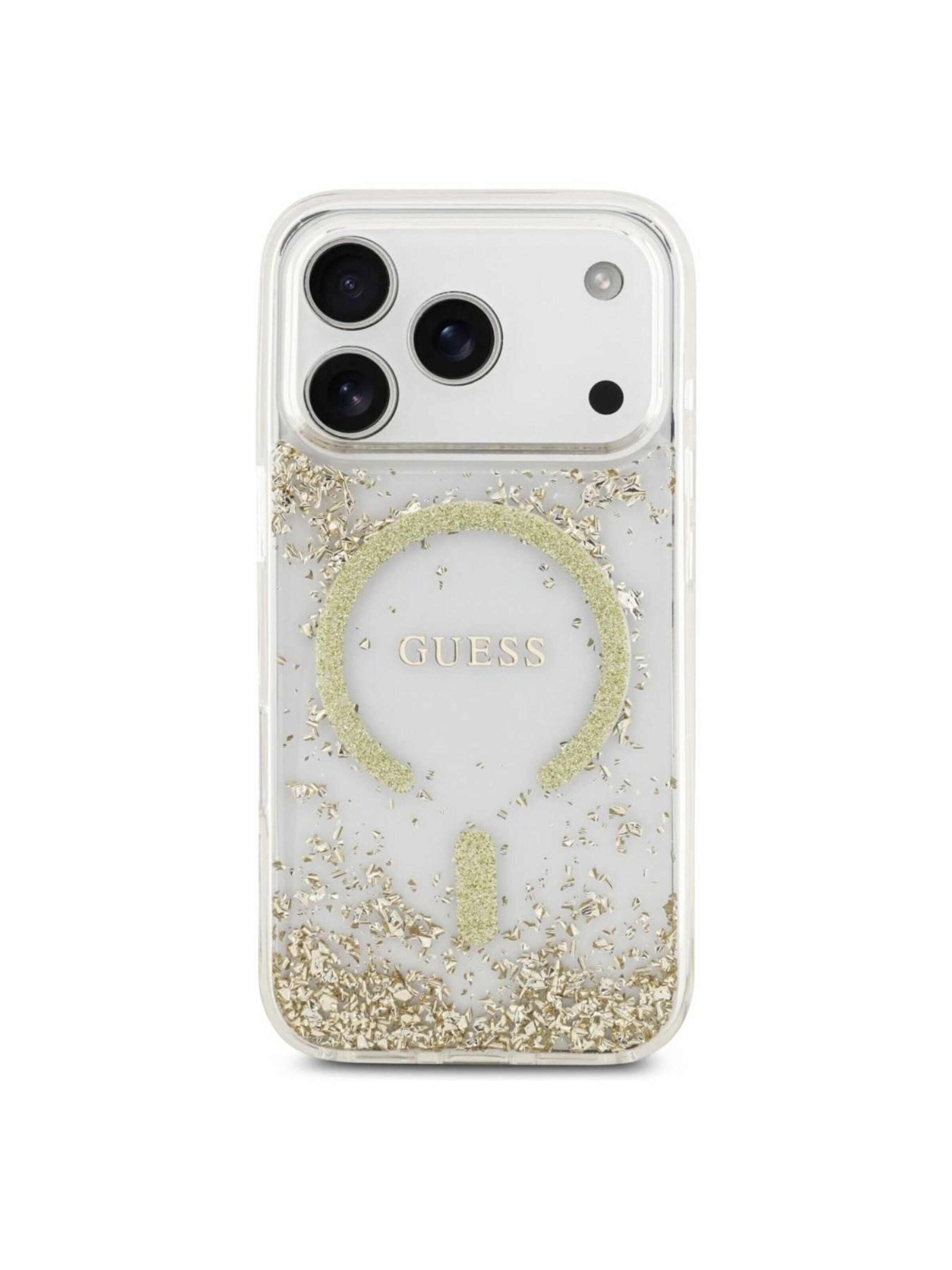 GUESS Smartphonehoesje 'GUESS MagSafe Resin Bottom Glitter iPhone 17 Pro' in Goud: voorkant