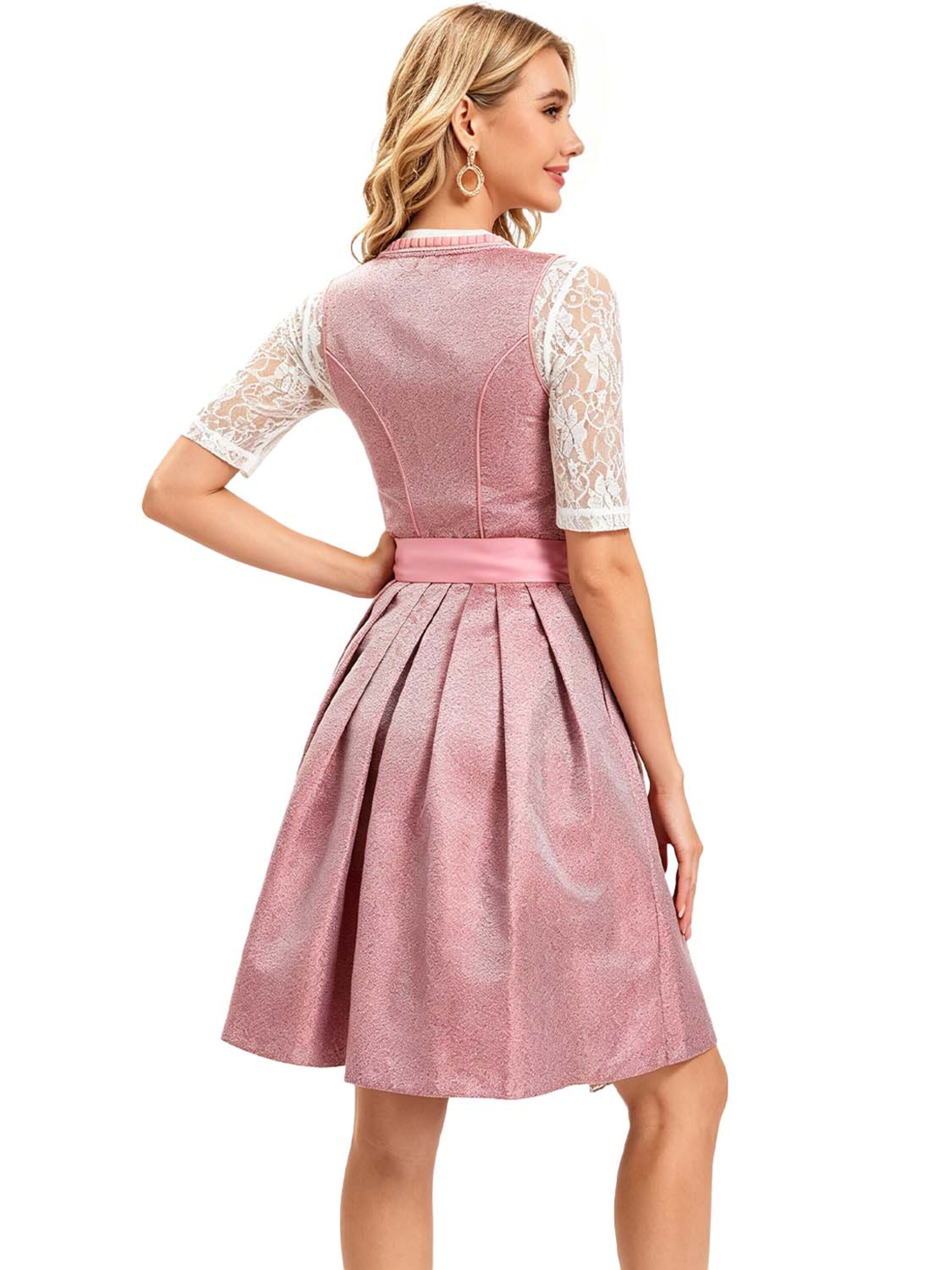 KoJooin Dirndl '3-teiliges Damen Bierfest Oktoberfest Satin-Schürze mit Bindebändern Spitzenbluse mit V Lochmuster' in Pink