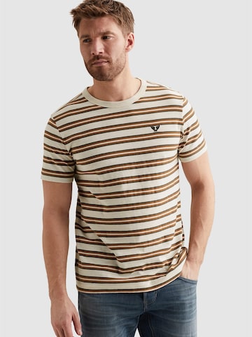 PME Legend T-shirt 'T-shirt with stripe pattern and embroidered logo' i beige: framsida