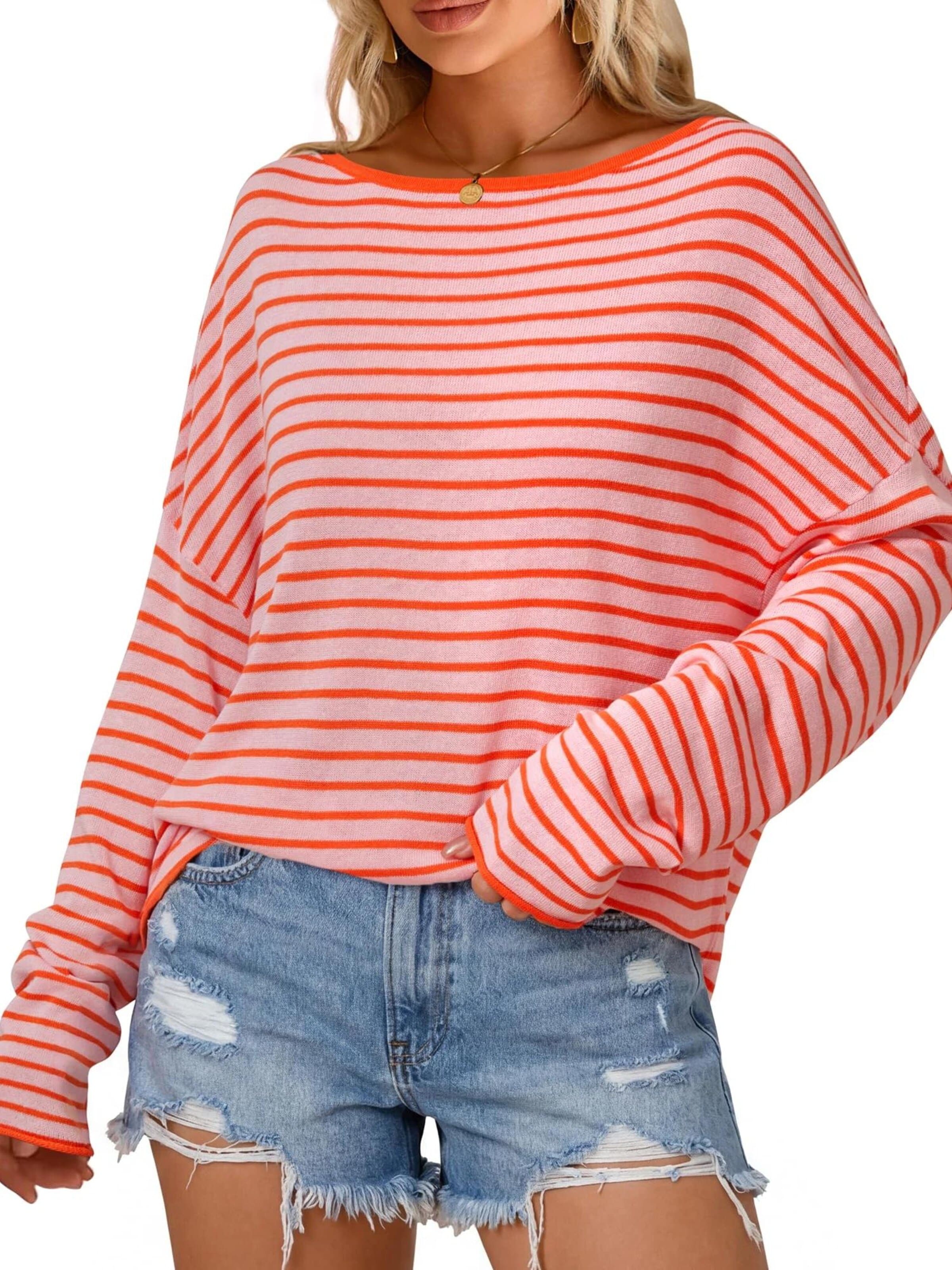 ARACH&CLOZ Oversized Shirt 'Langarmshirt Damen Oversize Shirt, Gestreiftes Off-Shoulder Top für Sommer und Urlaub' in Orange: front