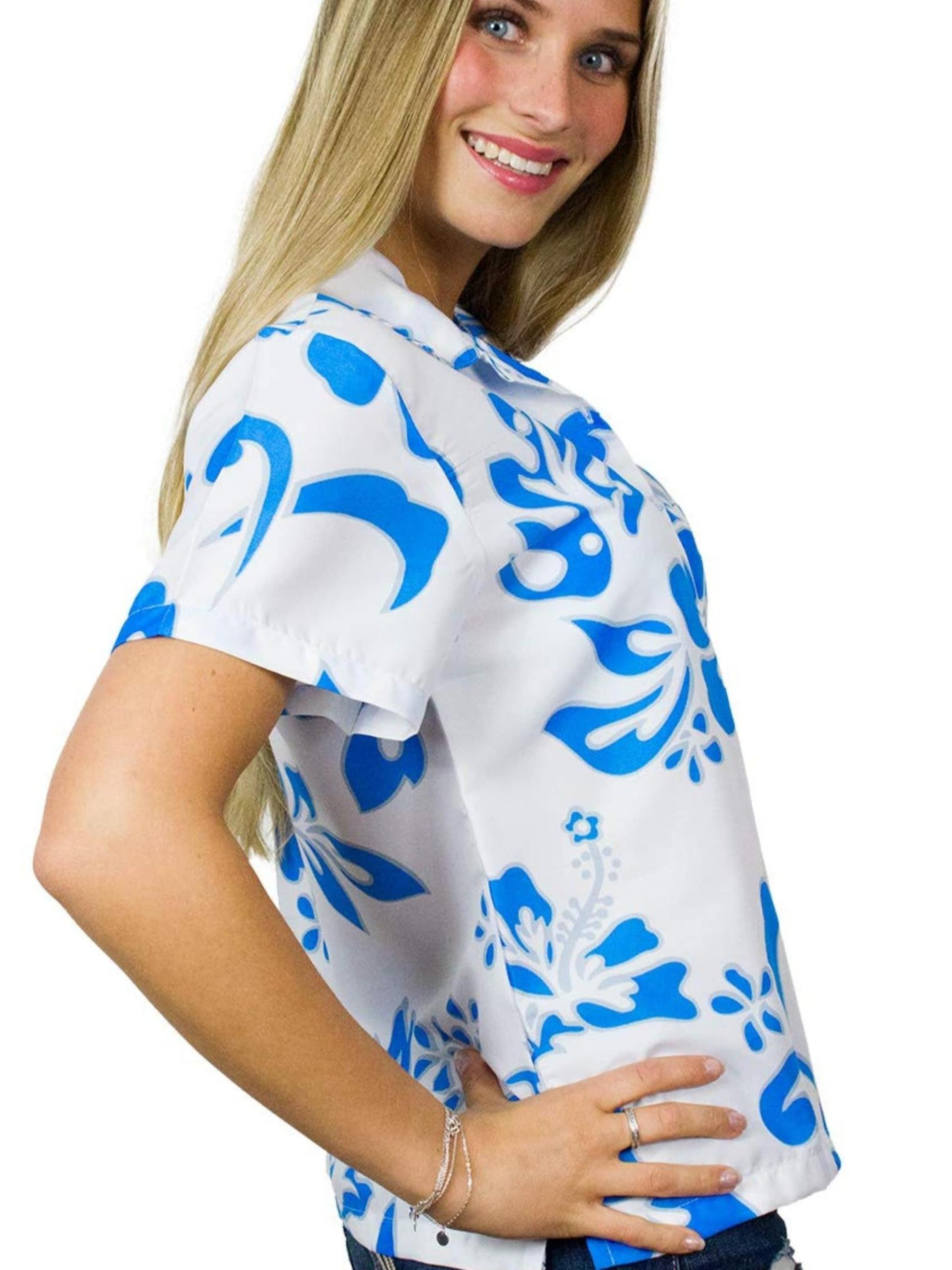 King Kameha Bluse 'Hibiscus White Line'‌‌‌‌‌‌‌ in Blau