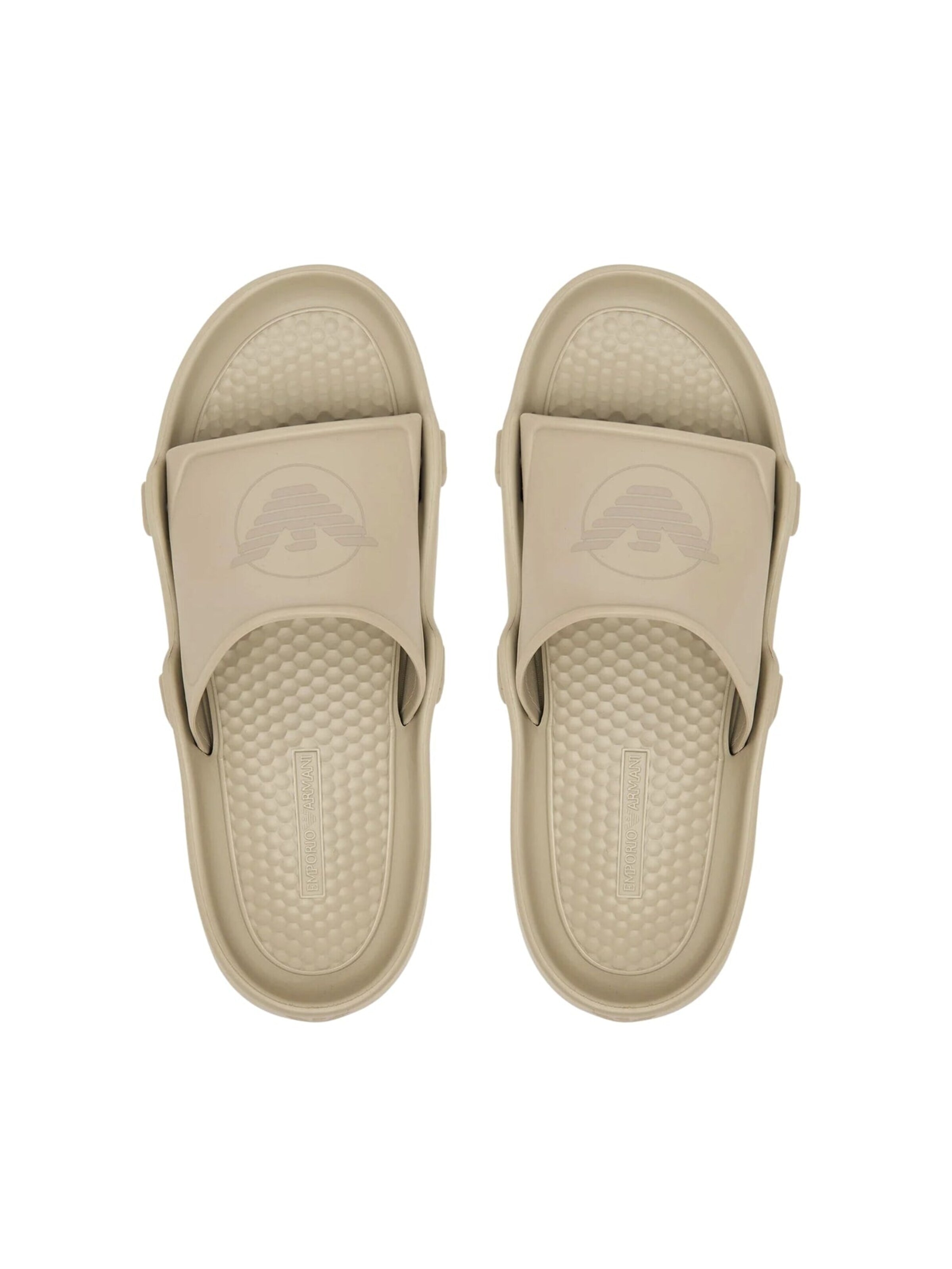 Emporio Armani Muiltjes 'Eagle-Embossed Shaped Sliders' in Beige