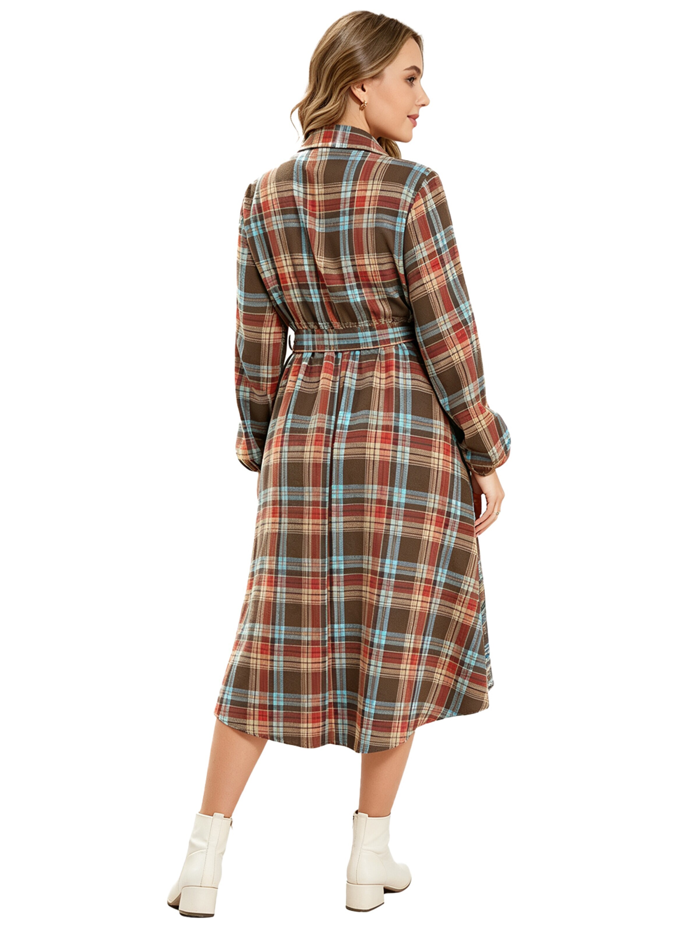 KoJooin Sukienka koszulowa 'Damen Plus Size Kariertes Kleid mit Bindeband, Knopfleiste, Taschen und geschwungenem Saum' w kolorze zielony