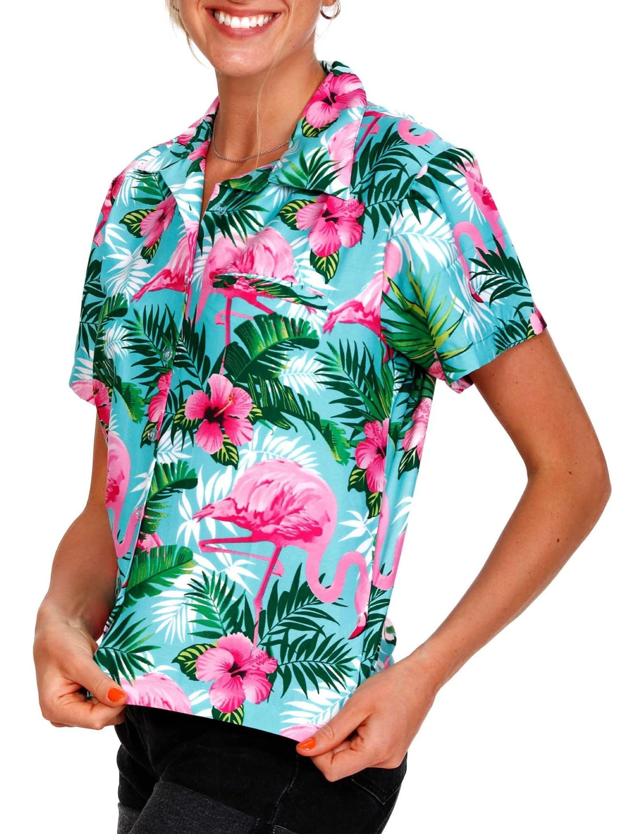 Camicia da donna 'Flamingo Flowers' di King Kameha in blu