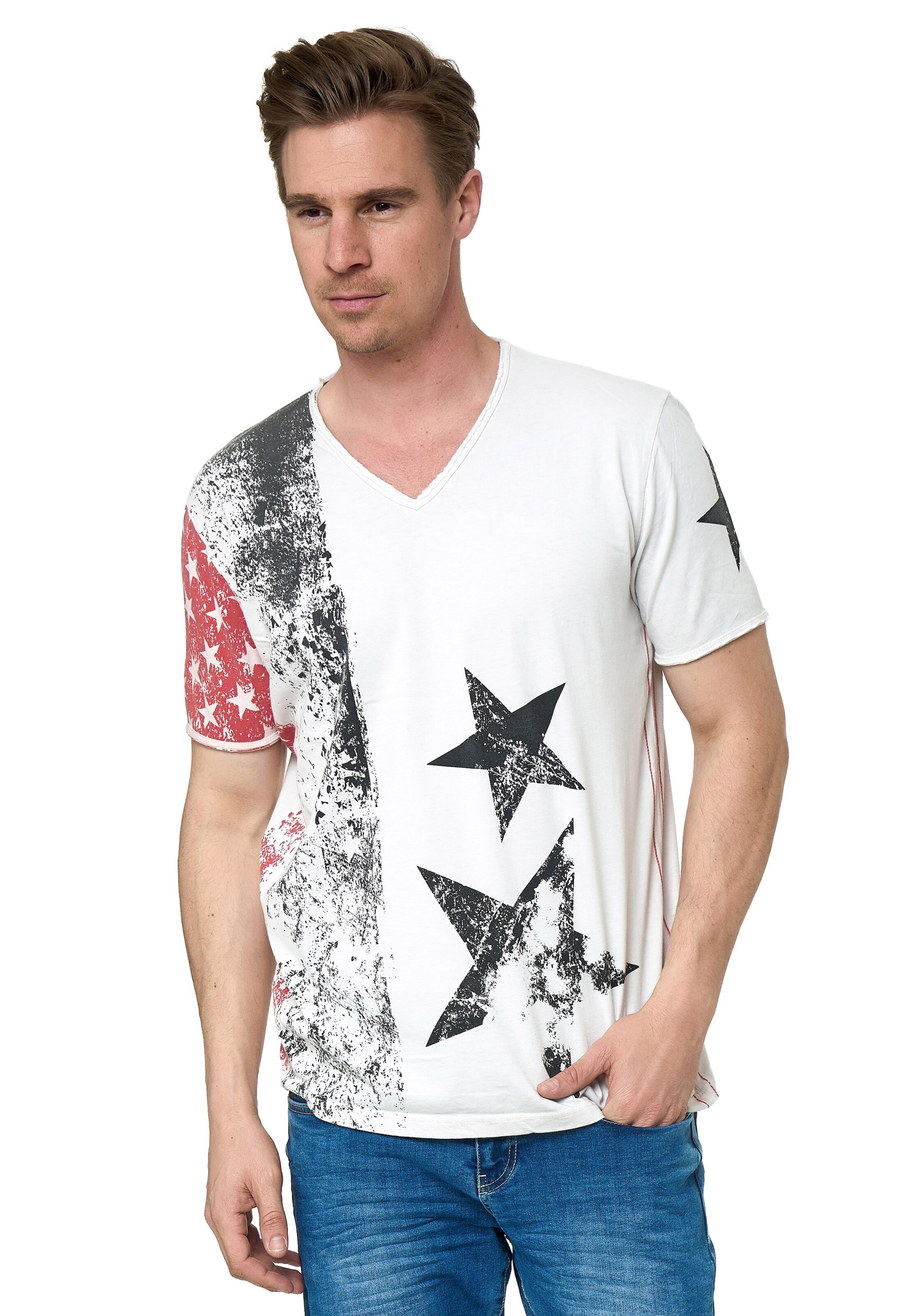 Rusty Neal Cooles T-Shirt mit V-Ausschnitt in Weiß: Vorderseite