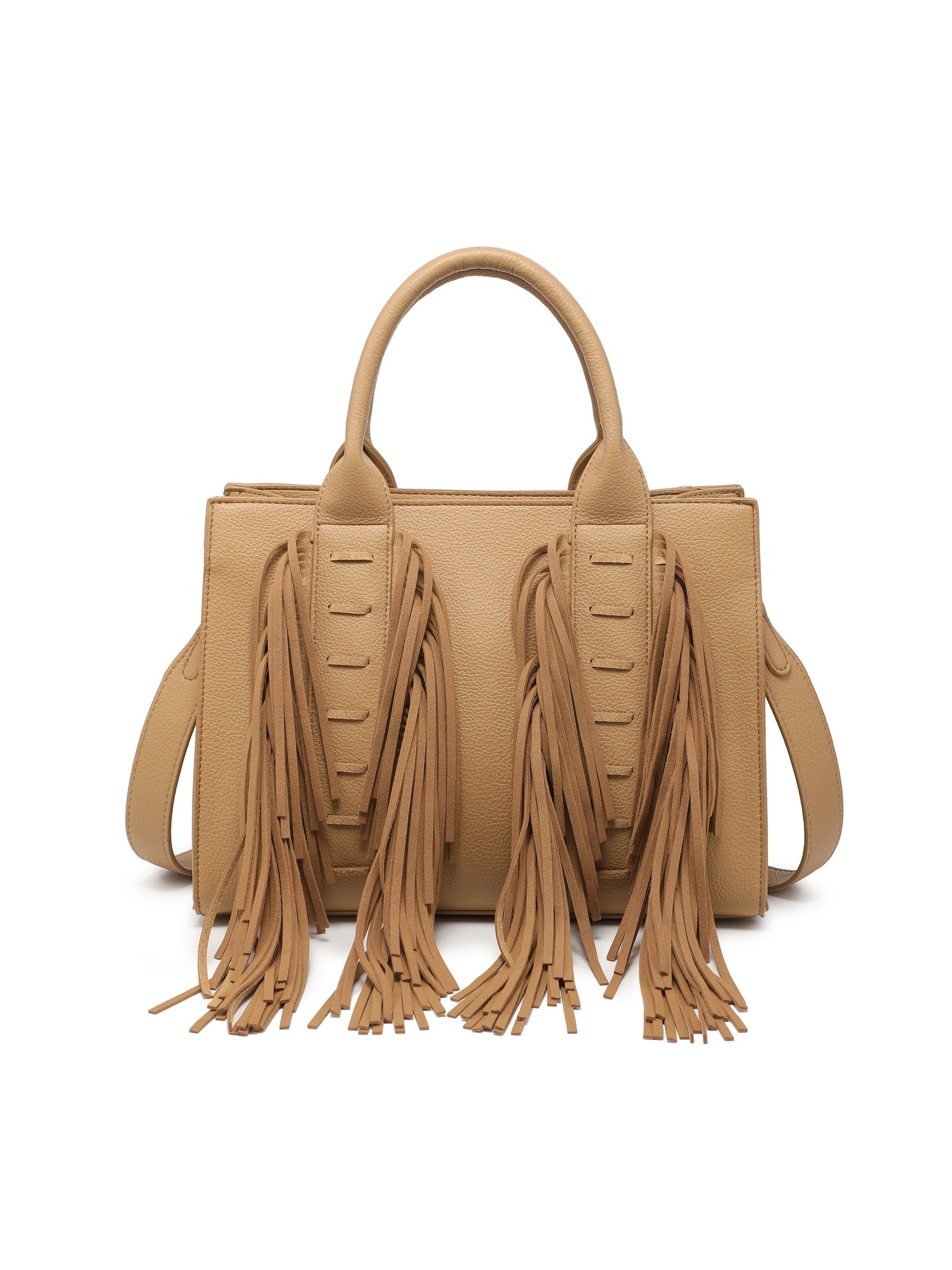 Borsa a mano 'Borsa a Mano Auroria Prime con Frange - Polyester Chiusura Zip Tracolla Rimovibile' di Kassandra in beige: frontale