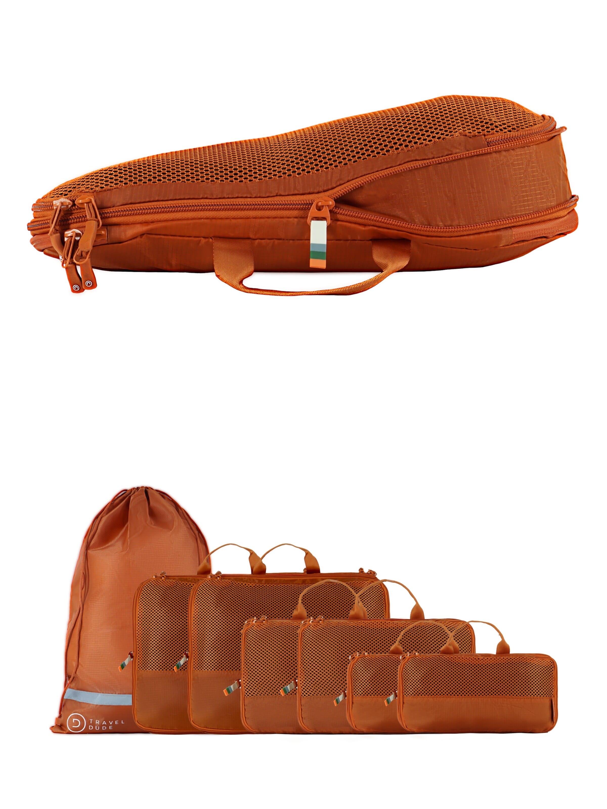 TRAVEL DUDE Travel bag 'Packing Cubes Set 7 Teilig mit Kompression, Packwürfel, Packtaschen Set für Rucksack & Koffer' in Orange: front