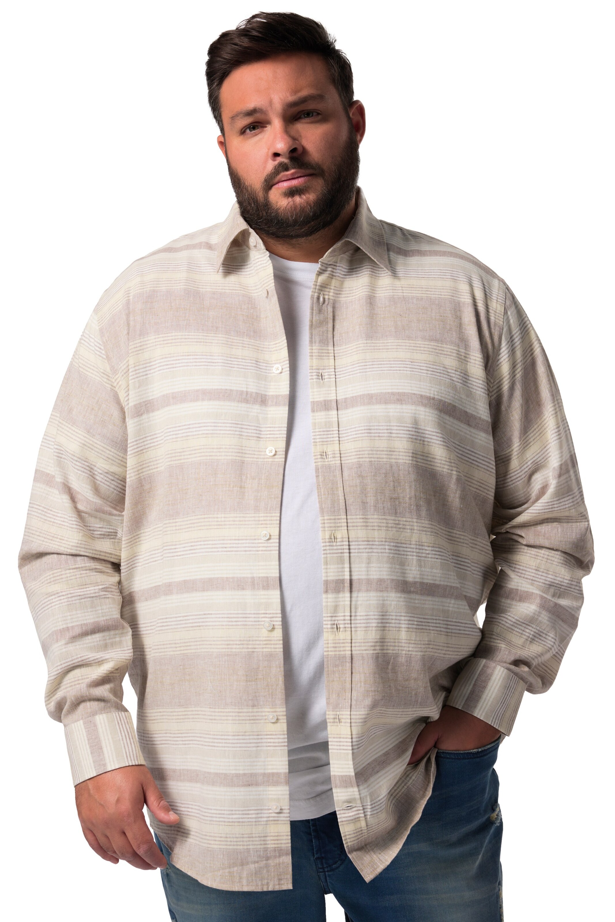 Men Plus Comfort fit Button Up Shirt in Beige: front