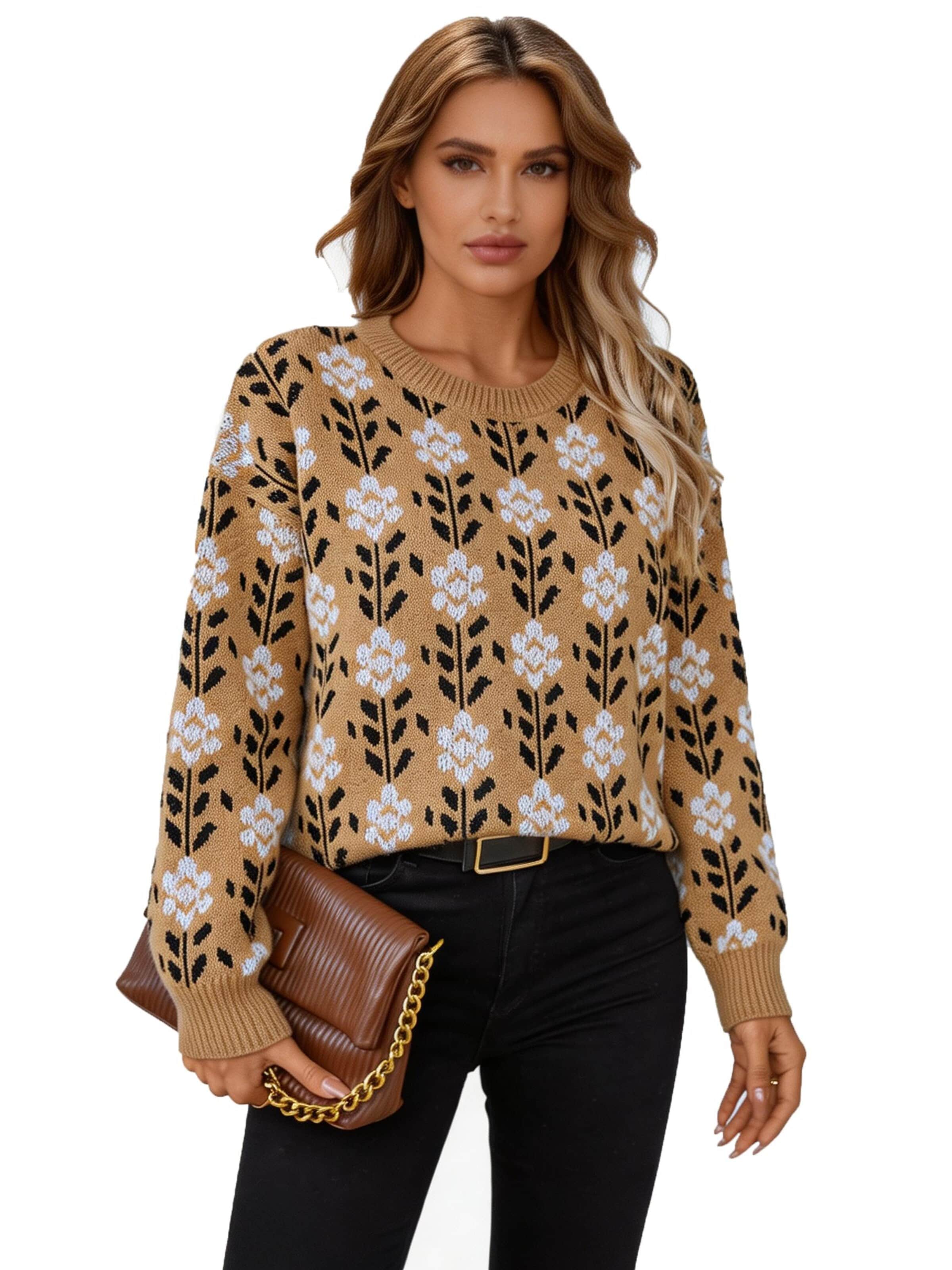 KoJooin Pullover 'Damen Blumen Strickpullover Rundhals Langarm Freizeit Winter Pullover für Alltag und Stadtausflüge'‌‌‌‌‌‌‌‌ in S in camel, Produktansicht
