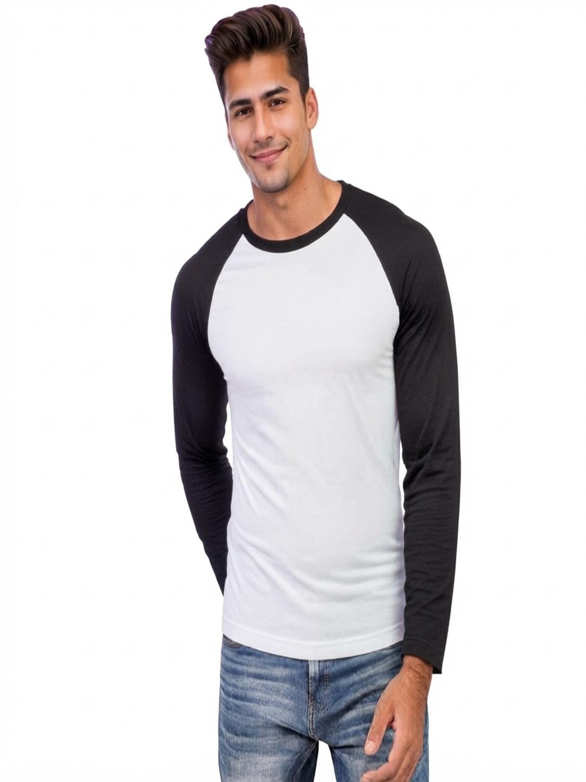 Vanilla Shirt '2-Pack Heren Baseballshirt Lange Mouwen – Wit/Zilvergrijs – Casual Raglan – Maat M' in Zwart: voorkant