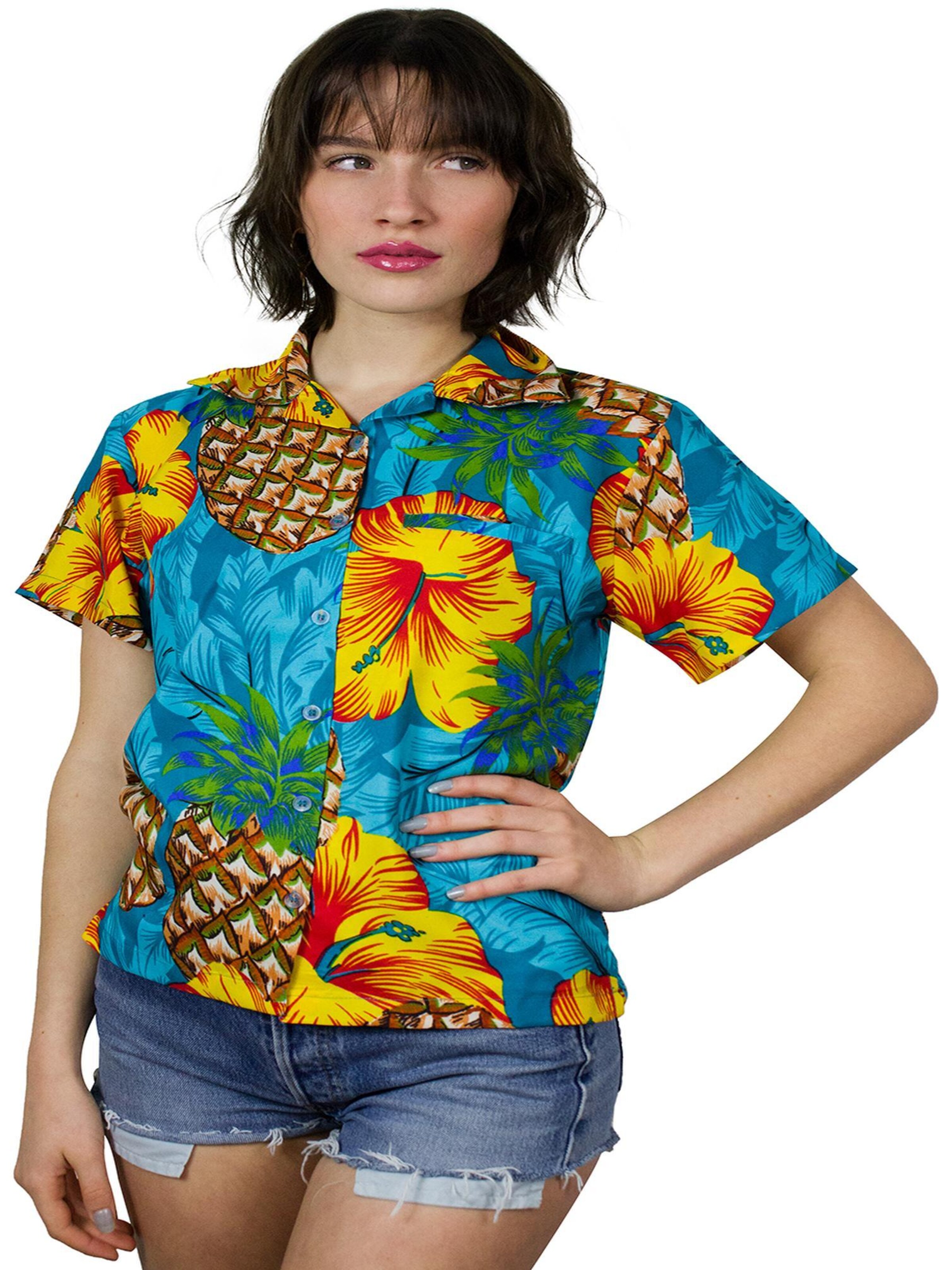 King Kameha Bluse 'Pineapple Hibiscus'‌‌‌‌‌‌‌ in Blau