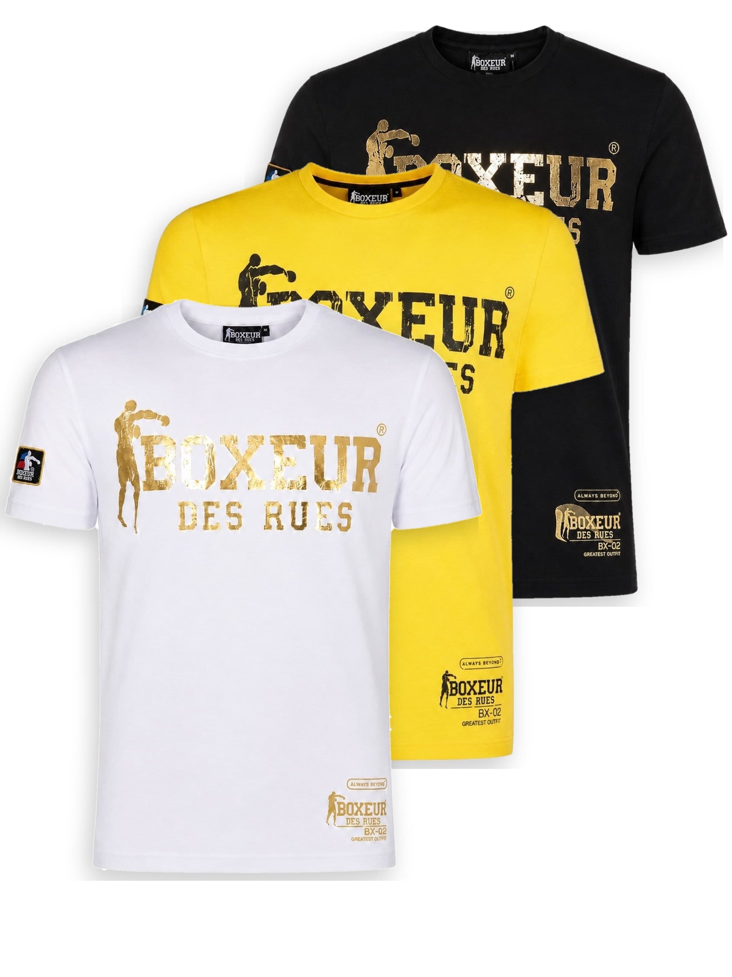 Boxeur des Rues Shirt 'Herren T-Shirt 3er-Pack Boxeur des Rues Slim Fit: Weiß, Goldenes Logo + Gelb, Schwarzes Logo + Schwarz, Goldenes Logo' in Gemengde kleuren: voorkant