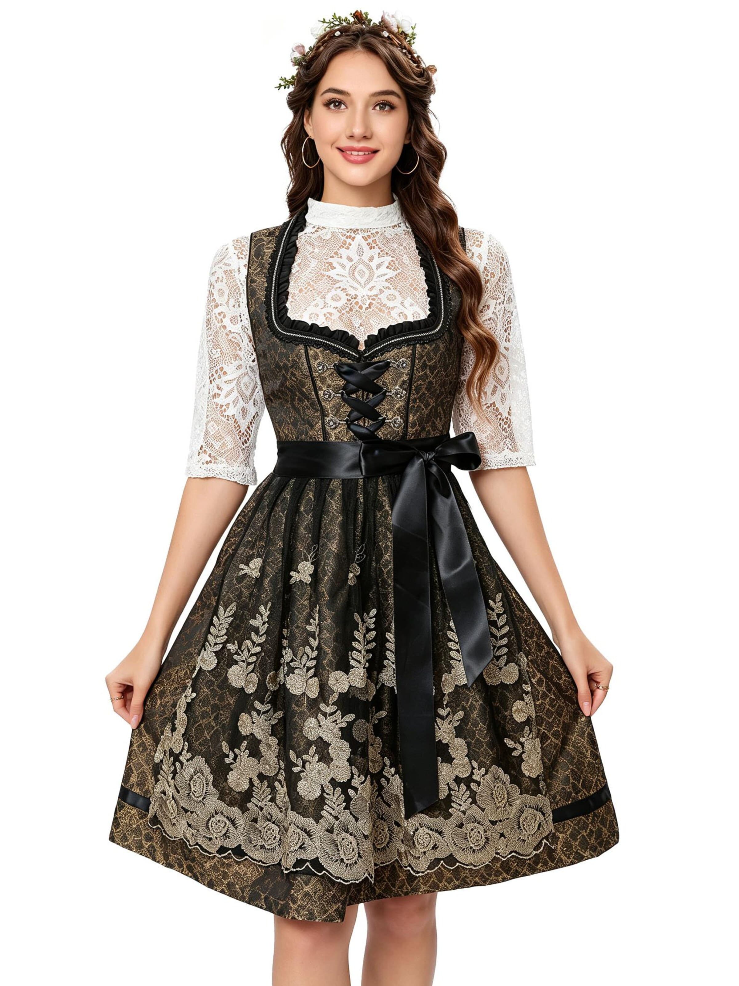 KoJooin Dirndl 'Damen Dreiteiliges Oktoberfest Set Kleid,Spitzenbluse mit Blumenmotiv goldbestickte Tüllschürze'‌‌‌ in Schwarz: Vorderseite