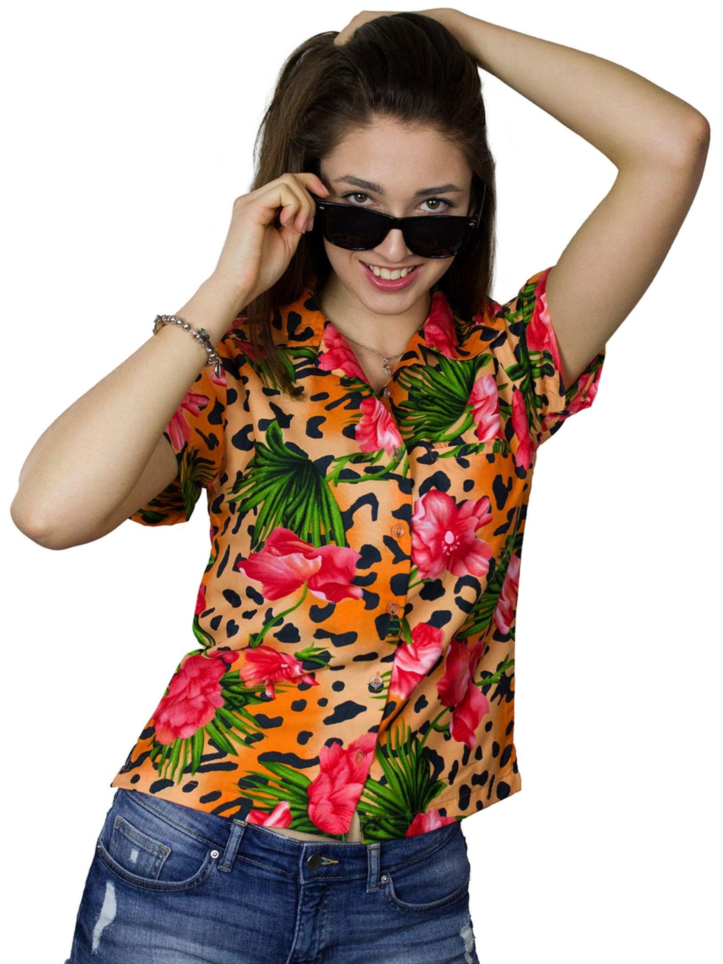 King Kameha Blouse 'Leopard Flowers' in Orange