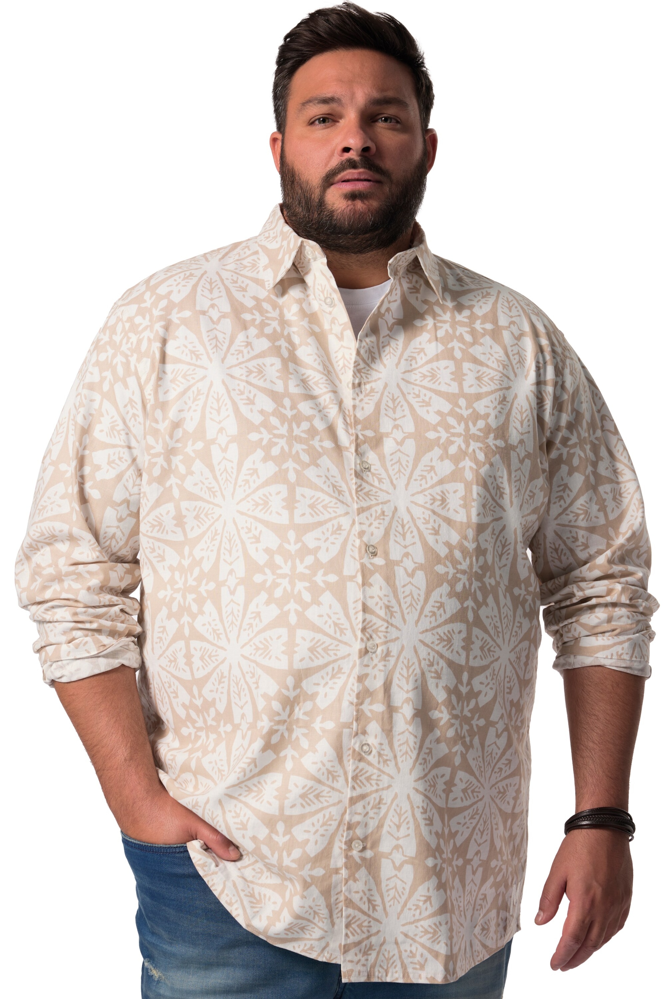 Men Plus Comfort fit Button Up Shirt in Beige: front