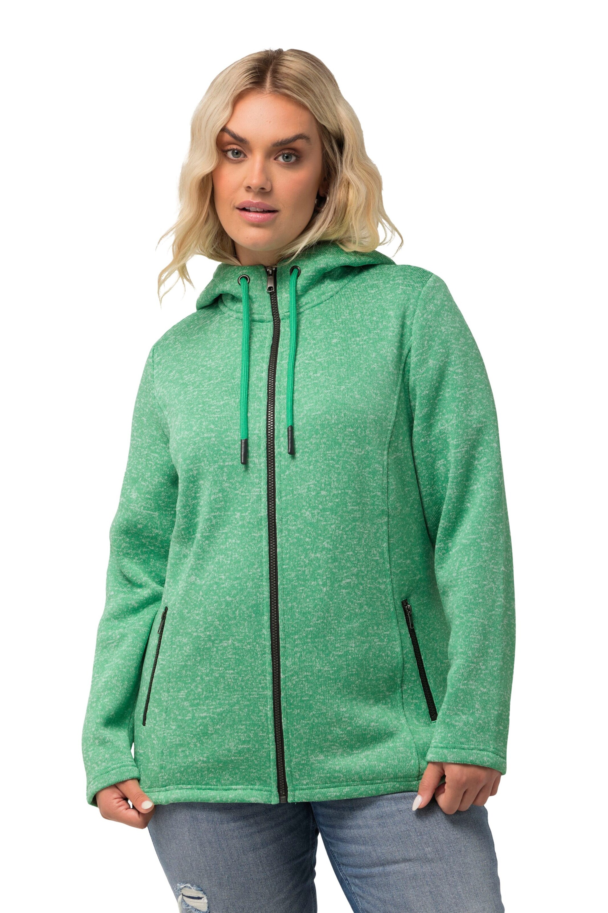 Ulla Popken Zip-Up Hoodie in Green: front