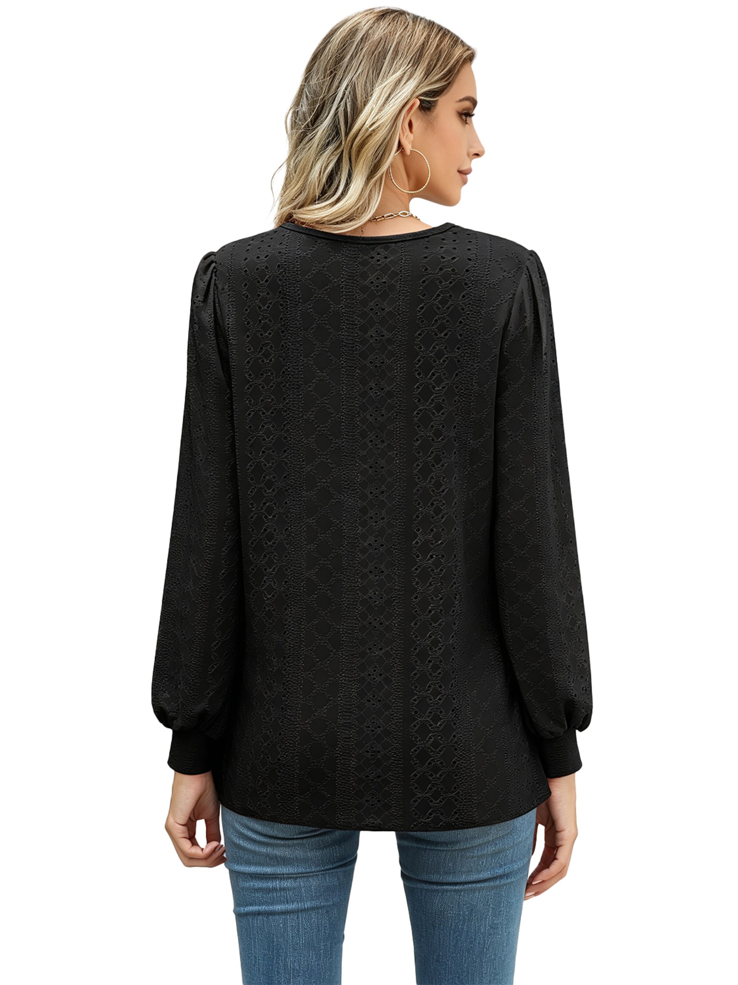 KoJooin Shirt 'Damen Locker Geschnittenes Rundhals T-Shirt mit Puffärmeln – Lässiges Langarmshirt für Alltag' in Black