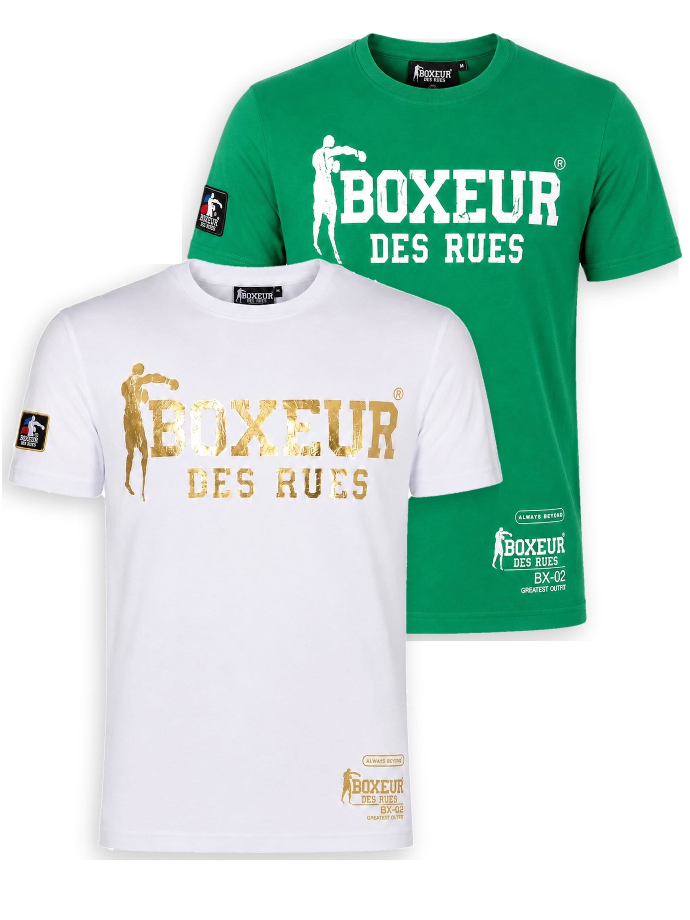Boxeur des Rues - Camiseta 'Herren T-Shirt 2er-Pack Boxeur des Rues Slim Fit: Weiß, Goldenes Logo + Grasgrün, Weißes Logo' en Mezcla de colores: frente