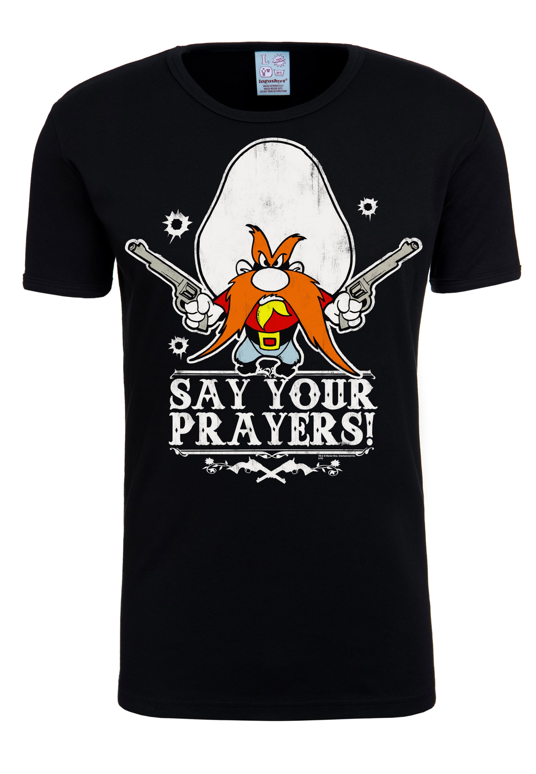 LOGOSHIRT Shirt 'Looney Tunes – Say Your Prayers' in de kleur Zwart, Productweergave