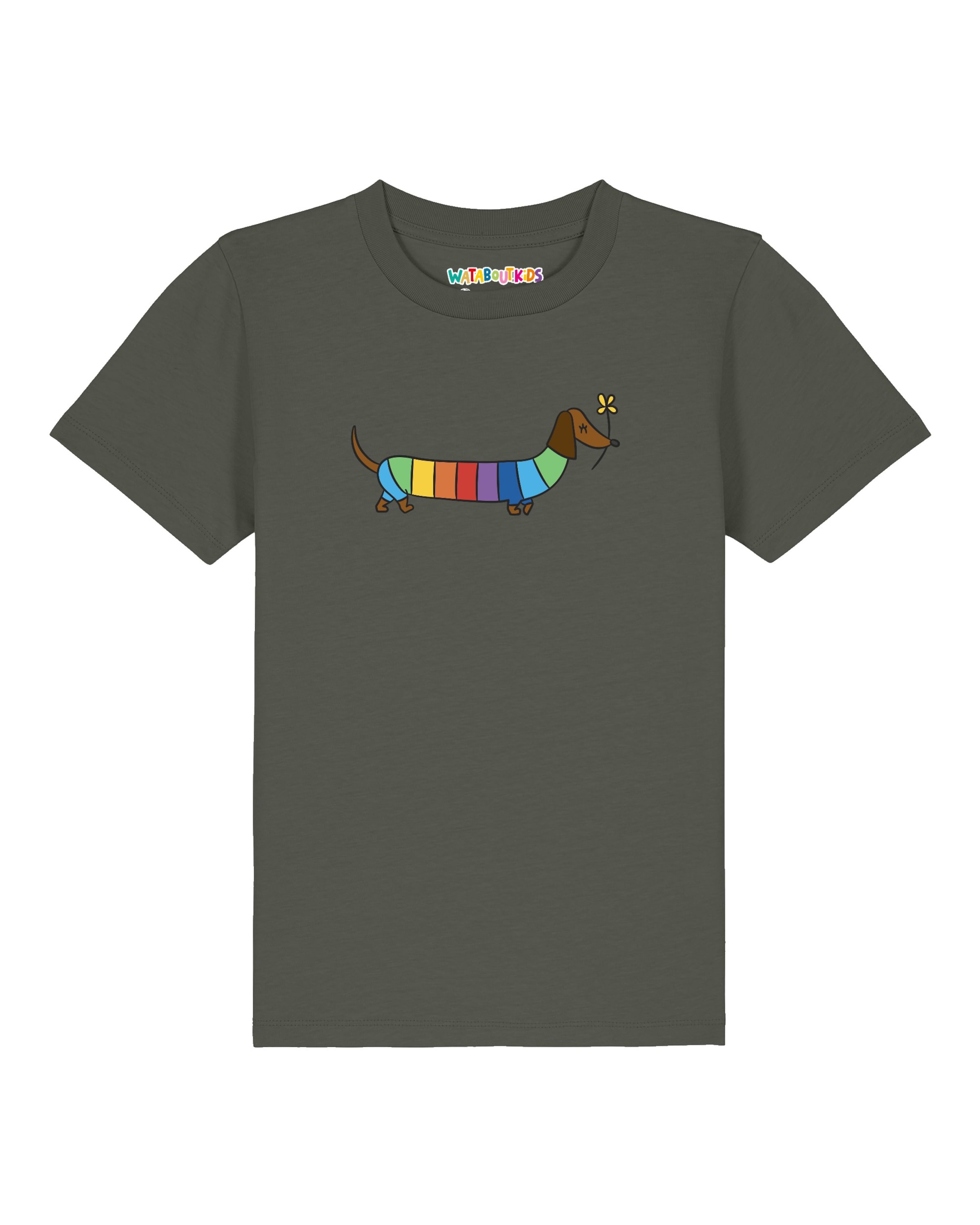 watabout.kids T-Shirt 'Regenbogen Dackel' in Grün: Vorderseite