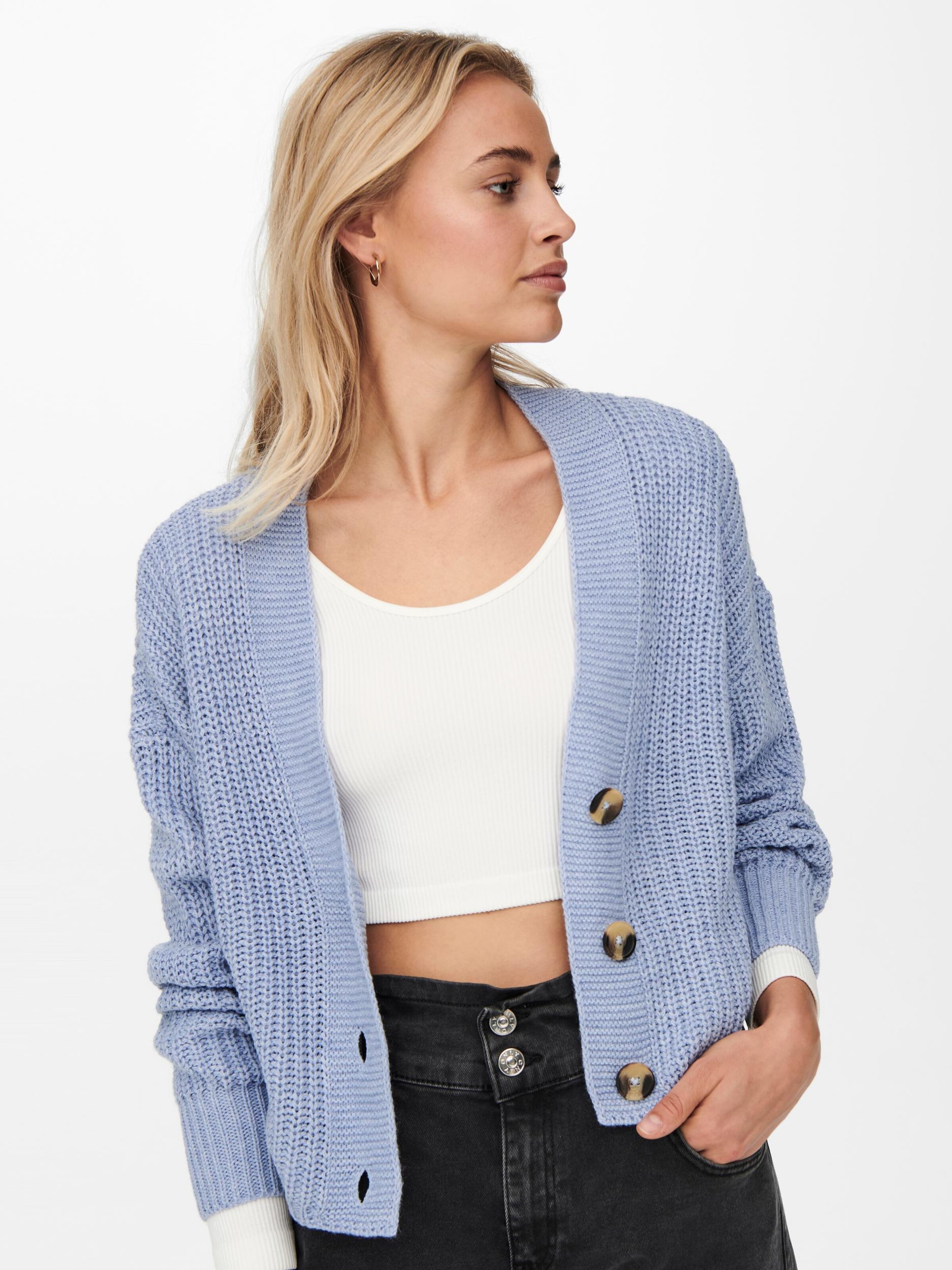 light blue knit cardigan