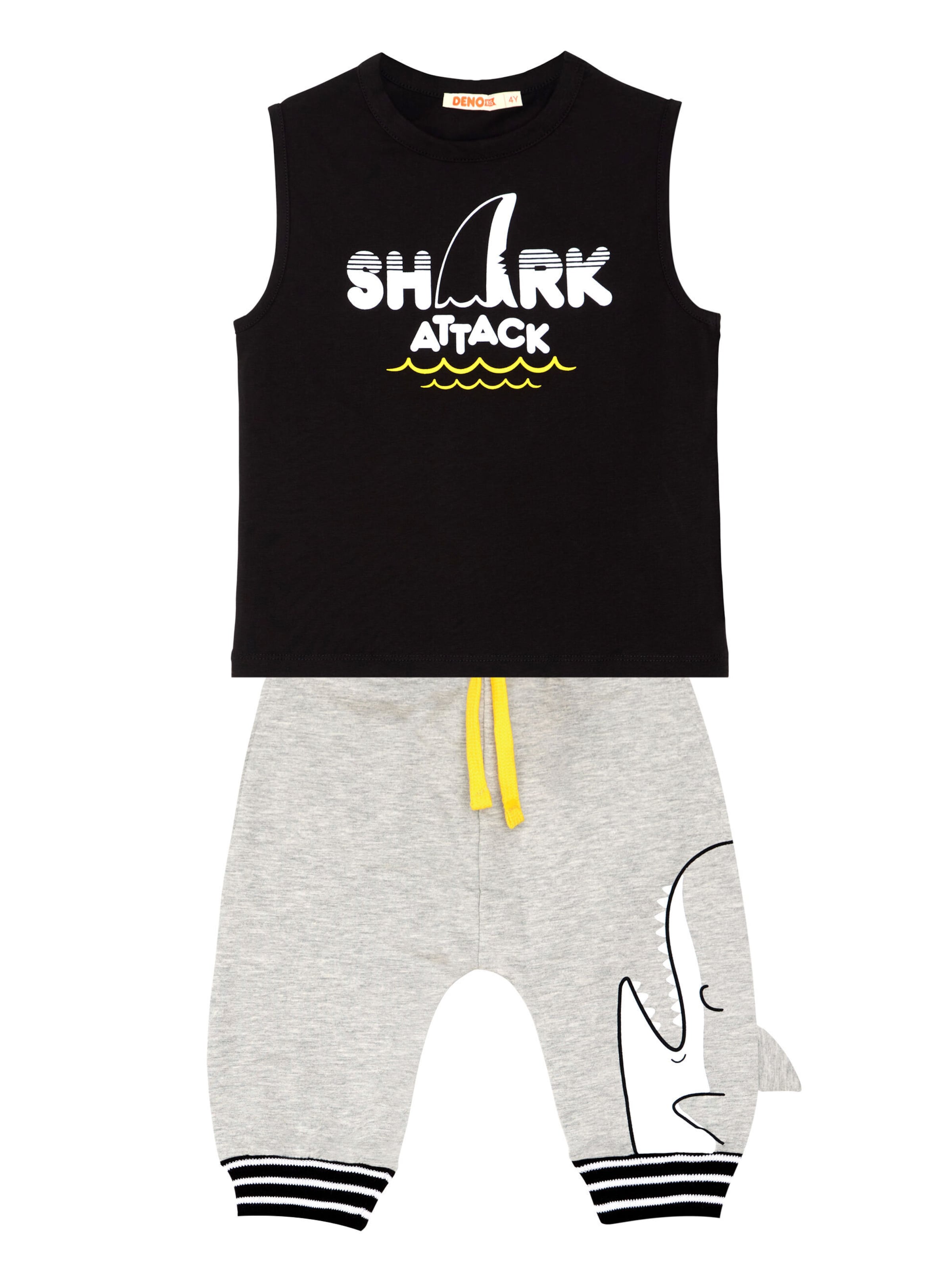 Denokids T-Shirt & Caprihose Set Shark Attack in Schwarz: Vorderseite