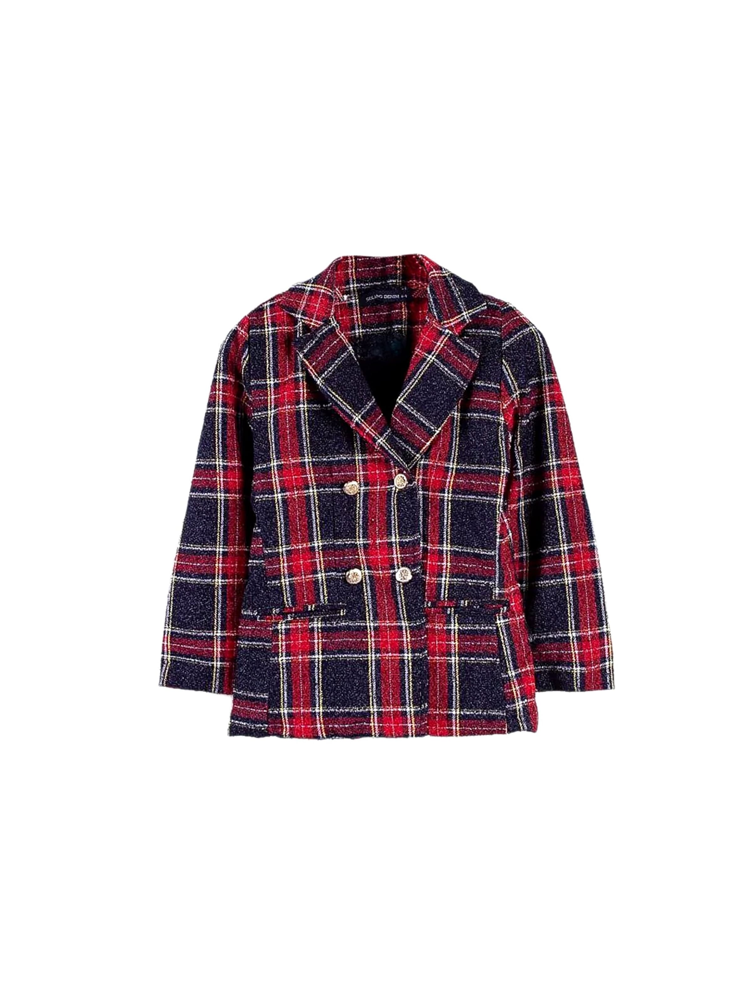 Solang Jacke Blazer Karomuster 2-reihiges Design in Blau: Vorderseite