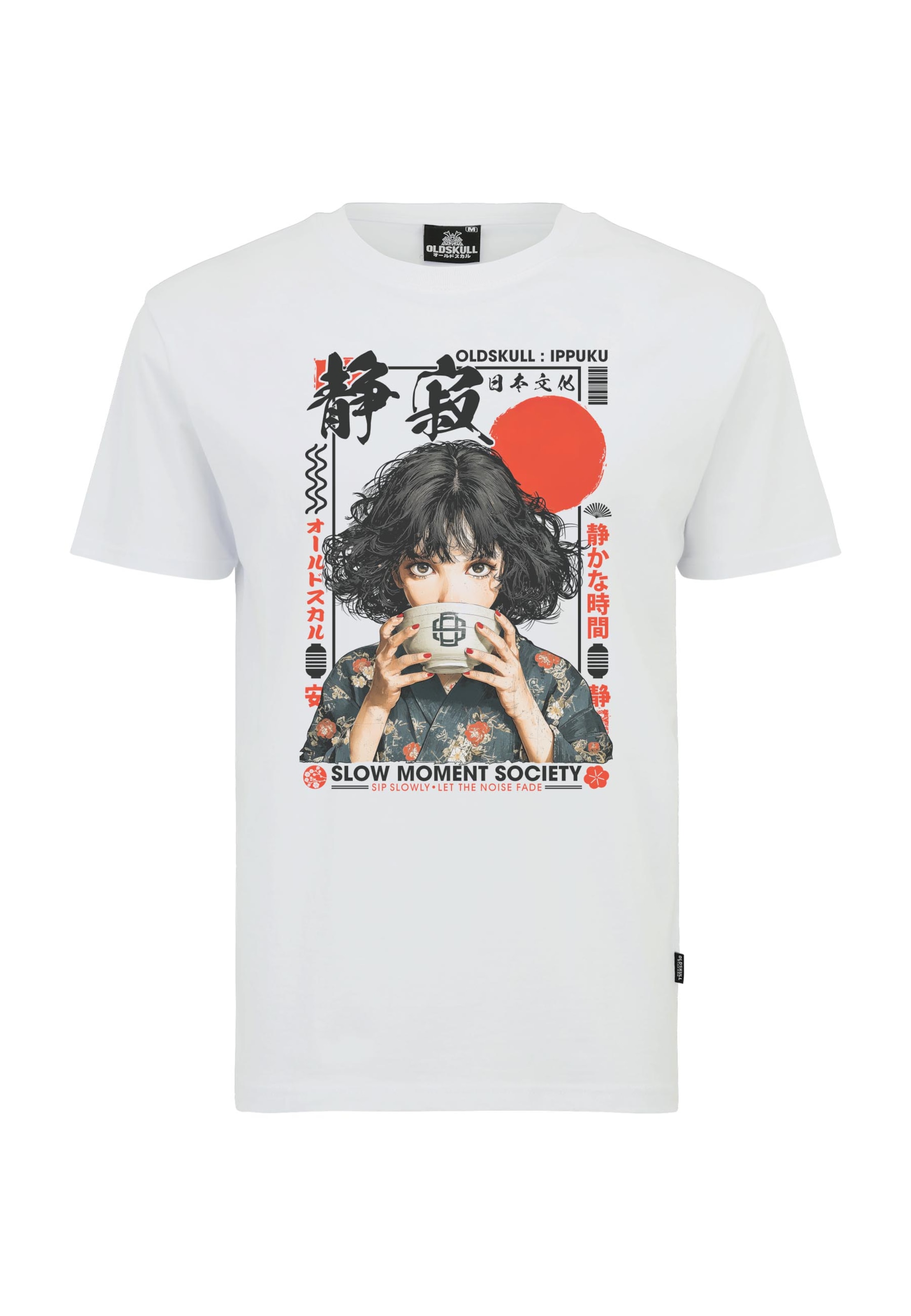 Oldskull Shirt 'Asian Tea Time Kimono Graphic' in White: front