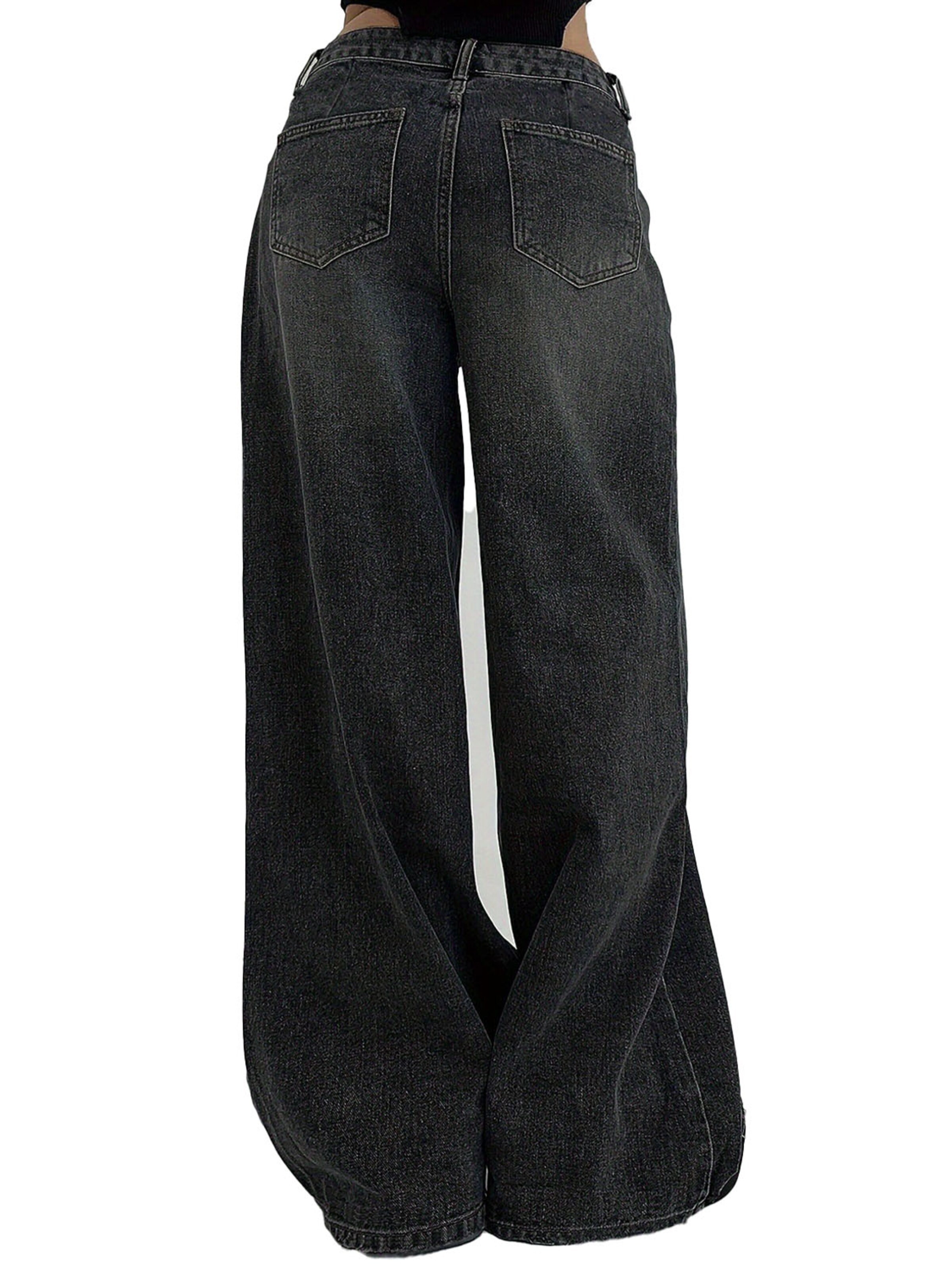 KoJooin Normalny krój Jeansy 'Damen Extraweite Jeans Mit Langem Bein Lockerer Passform Und Used-Details' w kolorze czarny