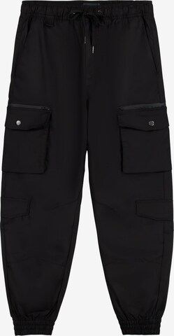 Bershka Tapered Cargo Pants in Black: front