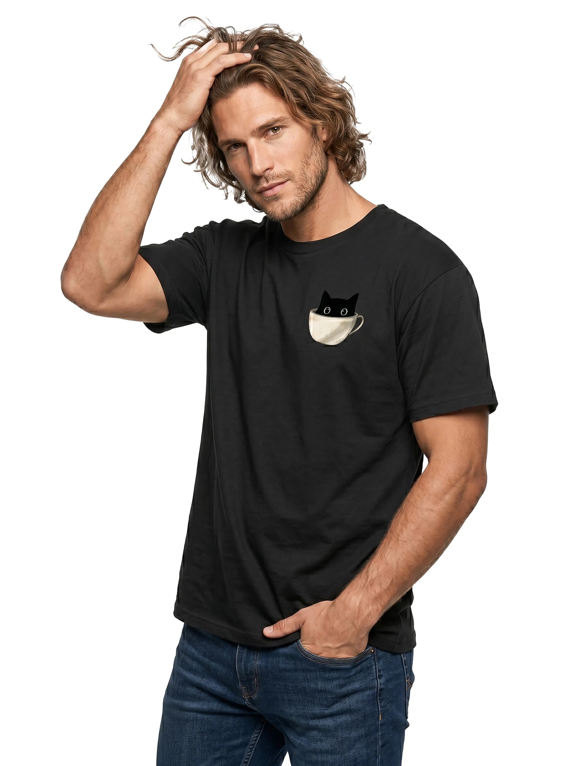 MAKAYA Shirt 'Cup Cat' in Black