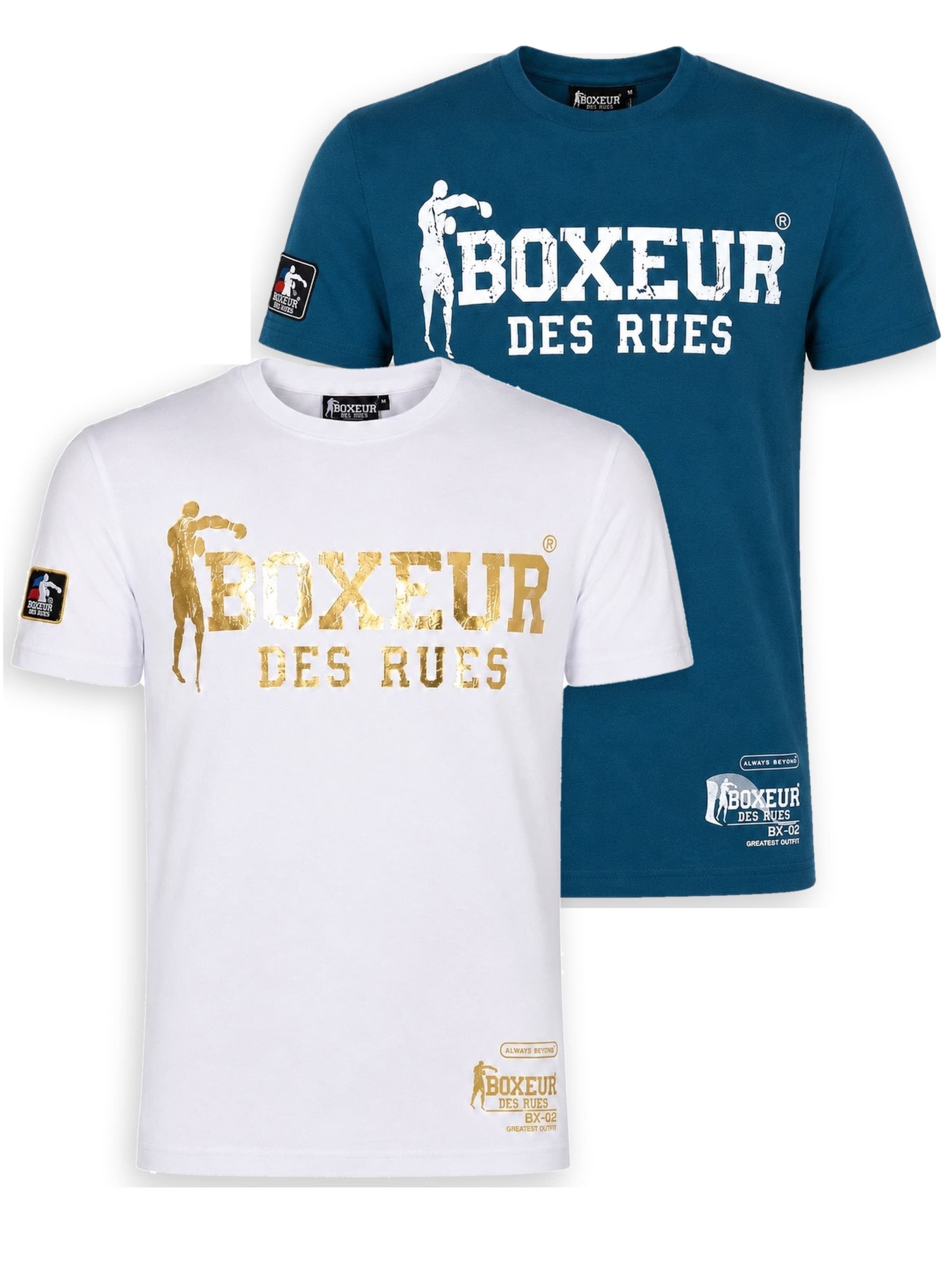 Boxeur des Rues - Camiseta 'Herren T-Shirt 2er-Pack Boxeur des Rues Slim Fit: Weiß, Goldenes Logo + Blau, Weißes Logo' en Mezcla de colores: frente