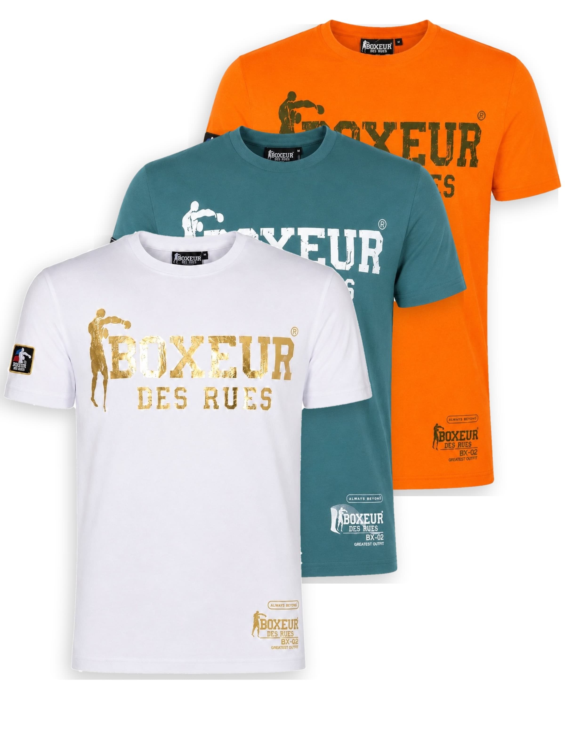 Boxeur des Rues - Camiseta 'Herren T-Shirt 3er-Pack Boxeur des Rues Slim Fit: Weiß, Goldenes Logo + Ozeanblau, Weißes Logo + Intensives Orange' en Mezcla de colores: frente