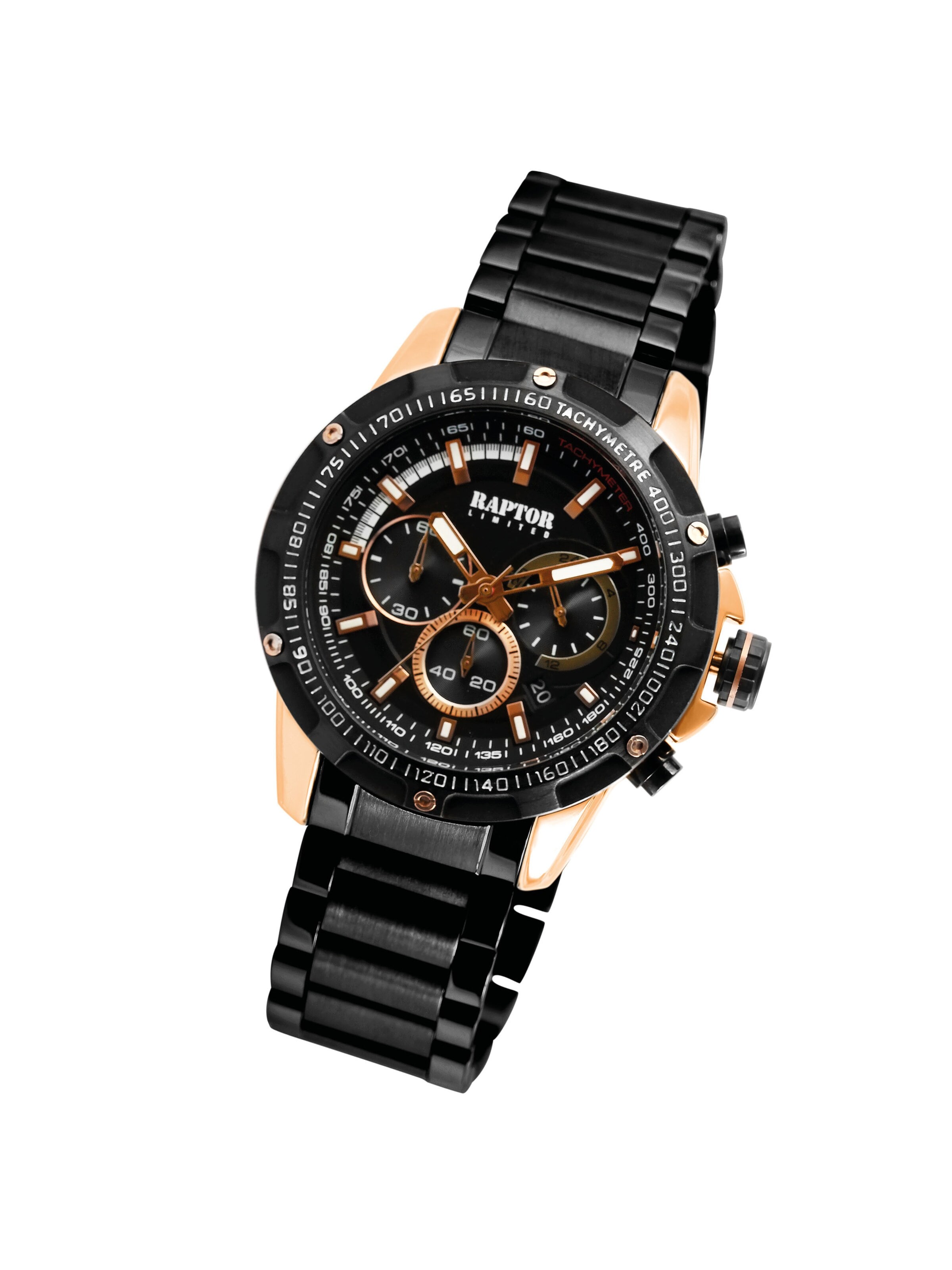 Raptor Analoguhr 'mit Edelstahlarmband und Datumsanzeige, Chronograph, 3 ATM'‌‌‌ in Schwarz: Vorderseite