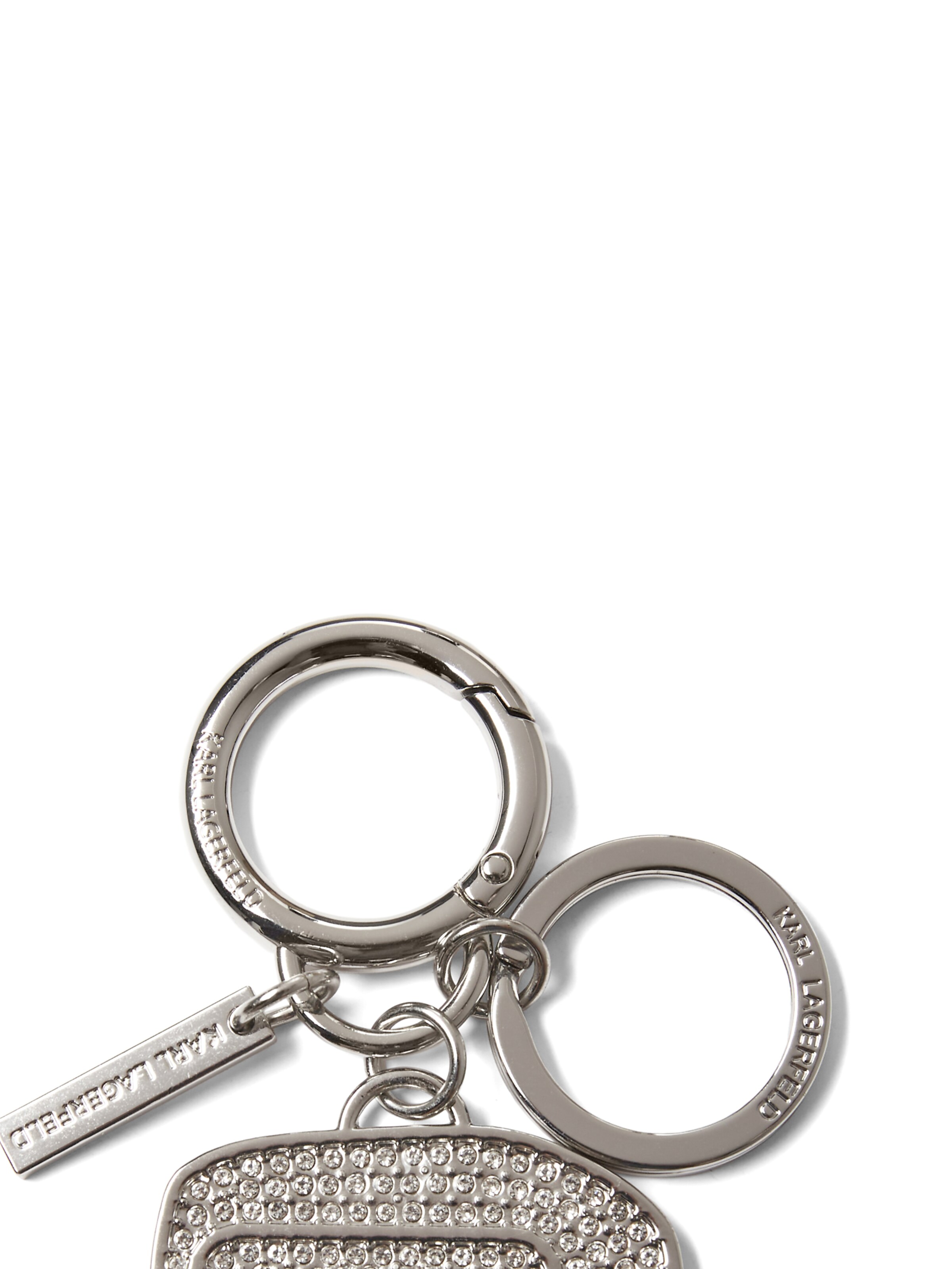 Portachiavi ' K/IKONIK KARL SCHLÜSSELANHÄNGER MIT STRASS ' di Karl Lagerfeld in argento