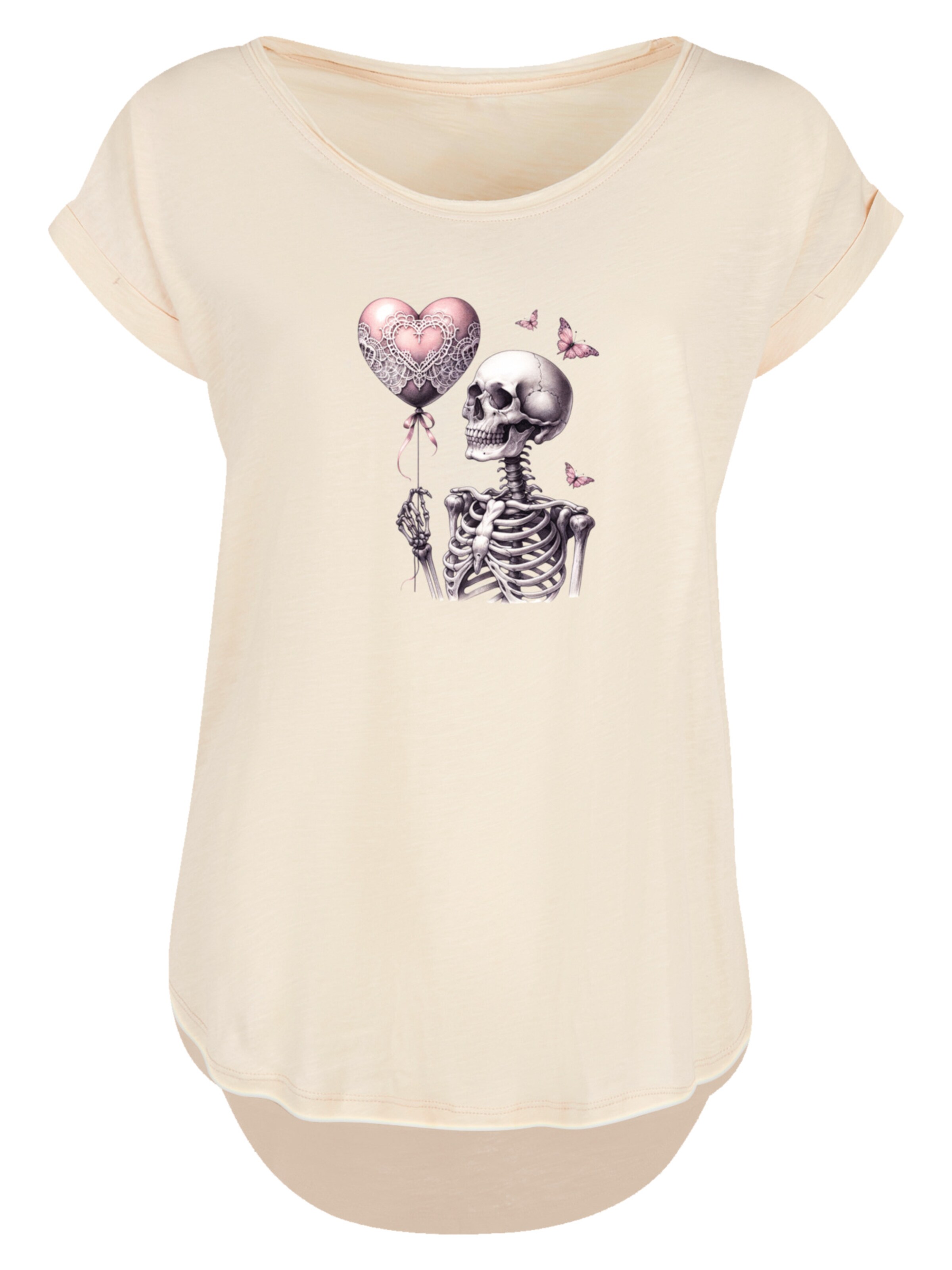 F4NT4STIC Shirt 'Skelett hält Herzballon' in Beige: voorkant