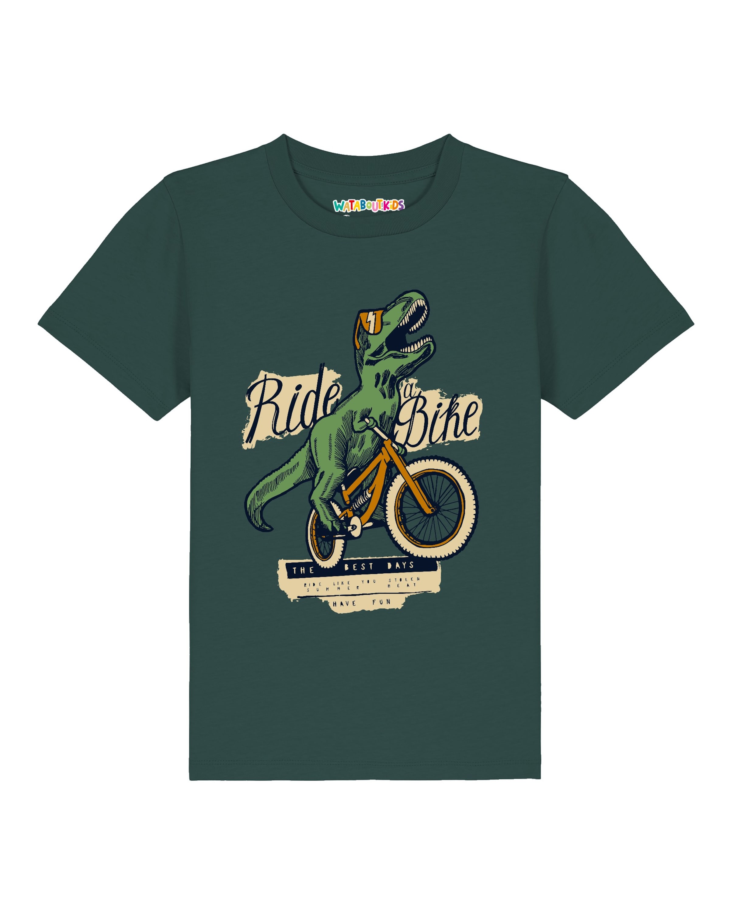 watabout.kids Shirt 'T-Rex Fahrrad' in Groen: voorkant