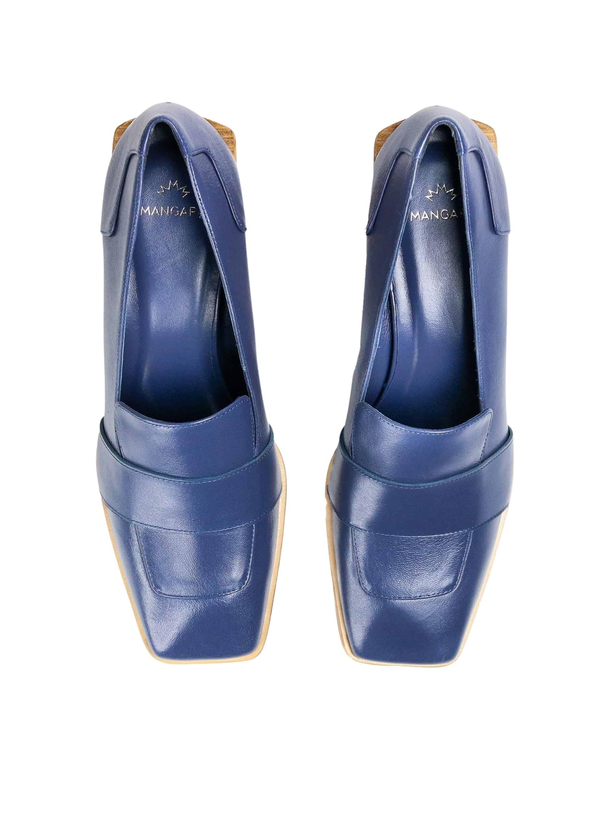 Décolleté 'Louro Damen Loafer Leder Blau Blockabsatz 4 cm' di Mangara Atelier in blu