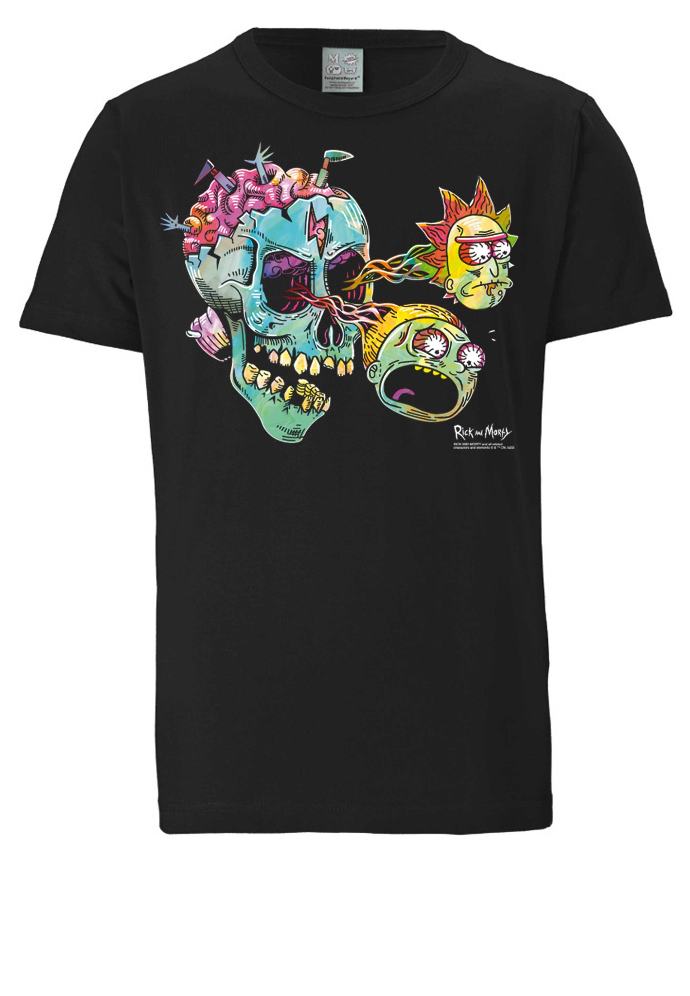 LOGOSHIRT Shirt 'Rick & Morty - Eyeball Skull' in Zwart: voorkant