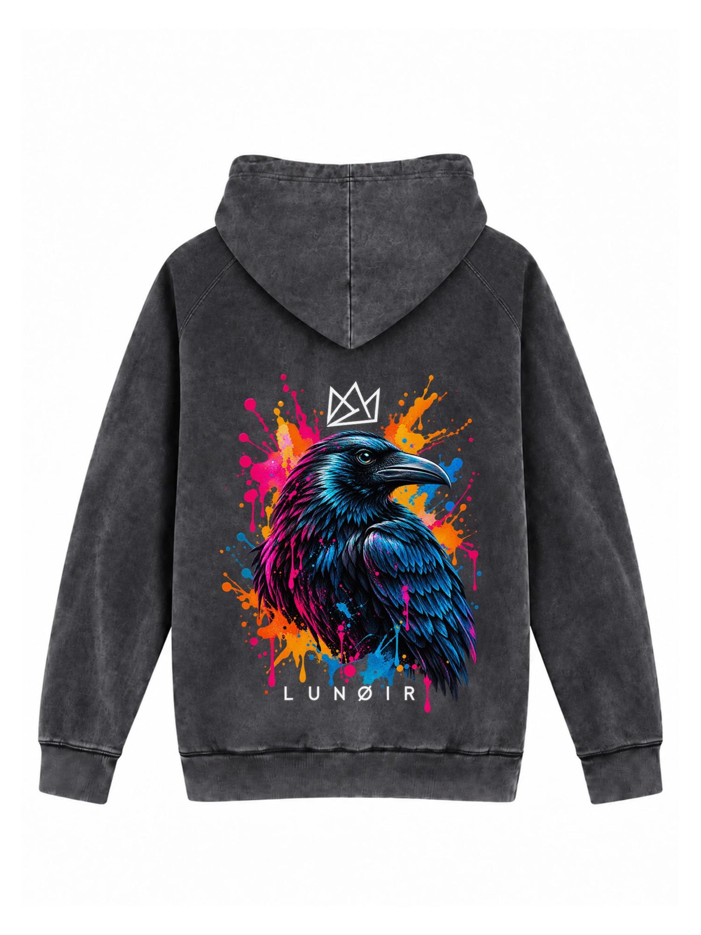 LUNØIR StudioSweater majica 'Tropical Riot – Neon Raven' - crna boja: prednji dio