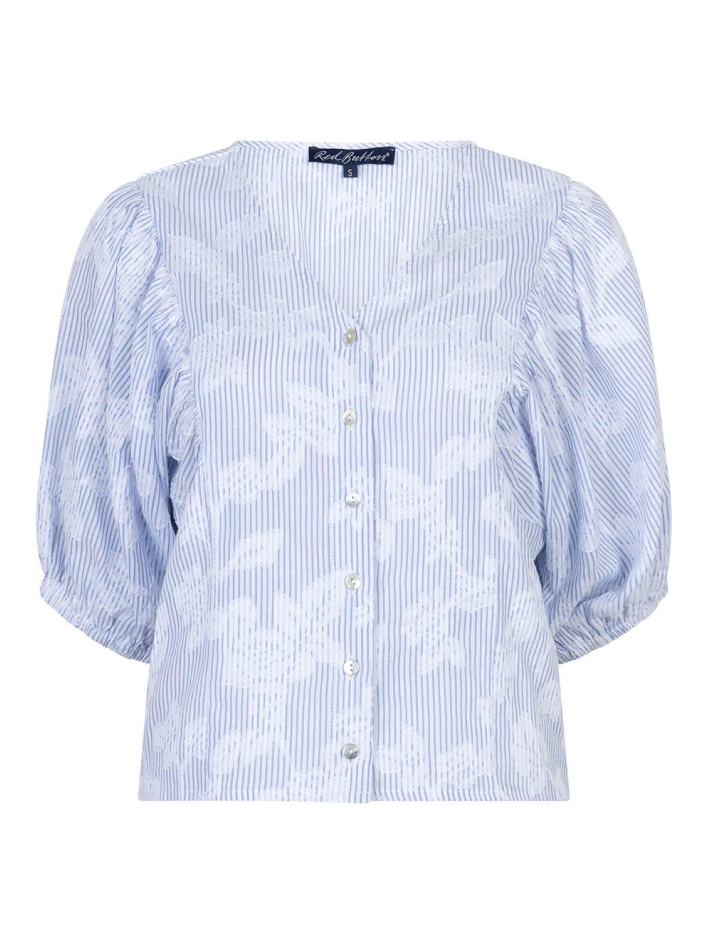 Red Button Blouse 'Red Button Balloon stripe' in Blue: front