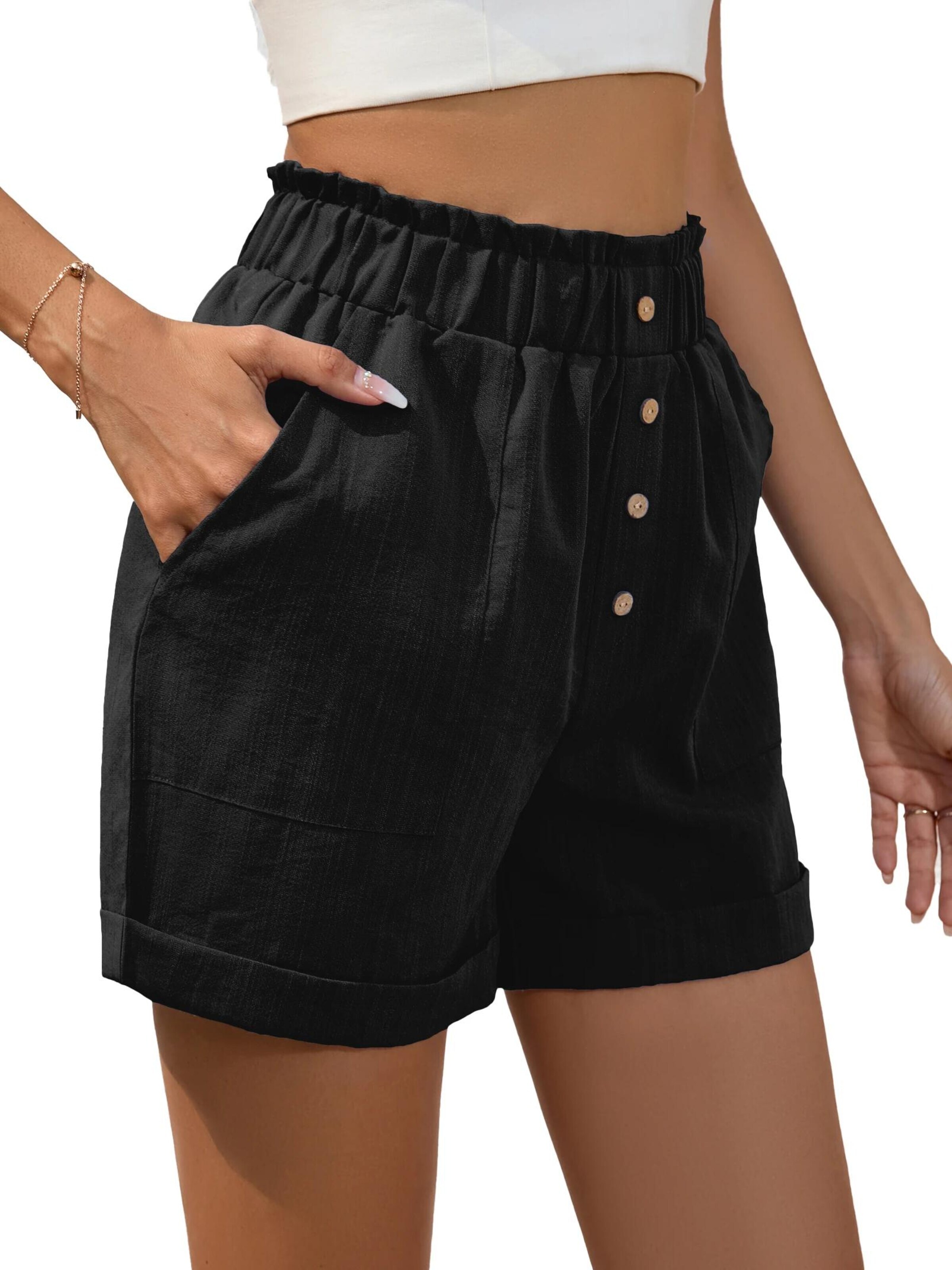 KoJooin Lużny krój Spodnie 'Damenshorts mit elastischem Bund Taschen und Knopfleiste, geeignet für den Alltag und den Sommer' w kolorze czarny
