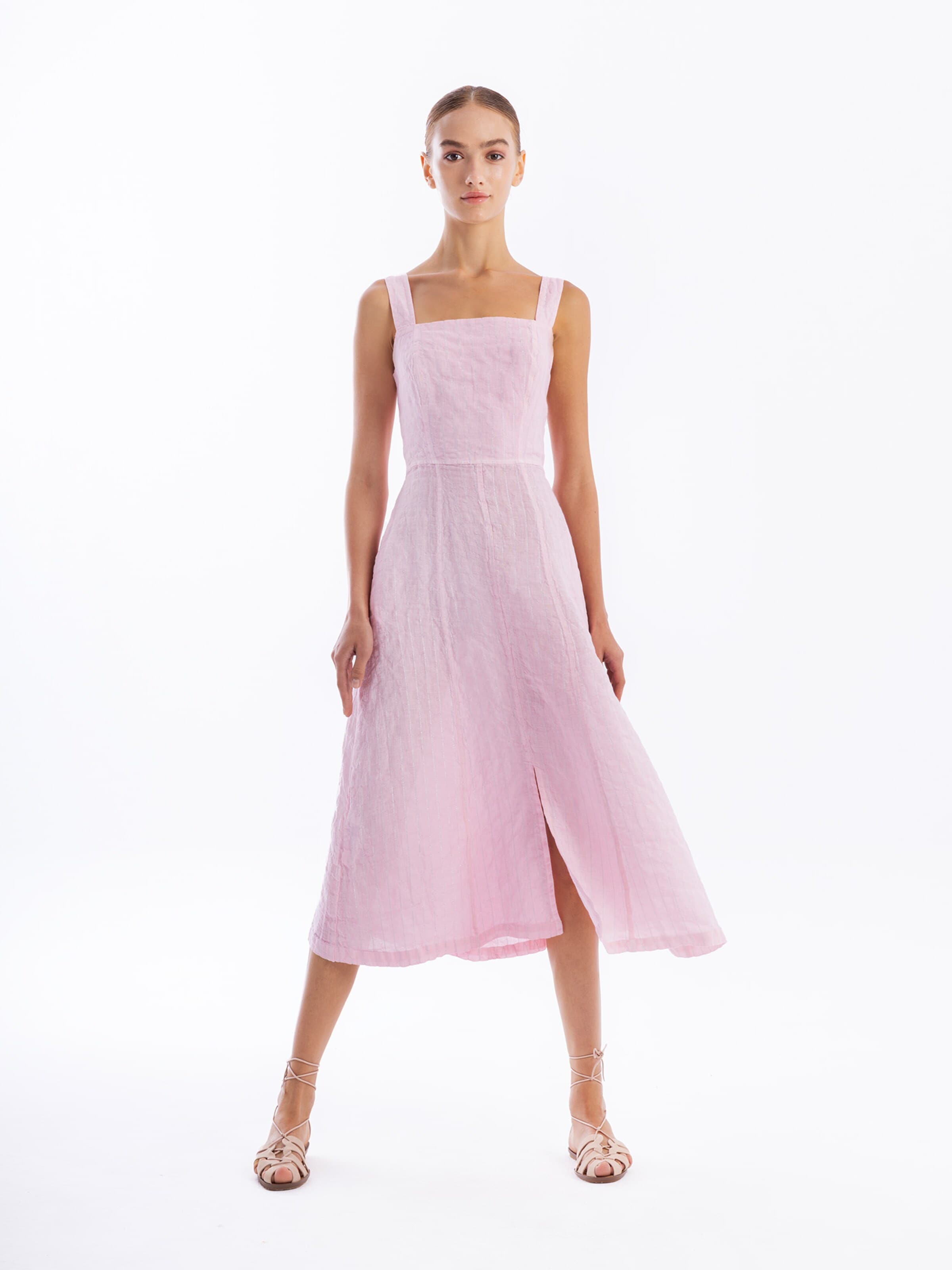 Robe 'Square Neck Striped Linen Tie Back Dress with Front Slit' Haris Cotton en rose : devant