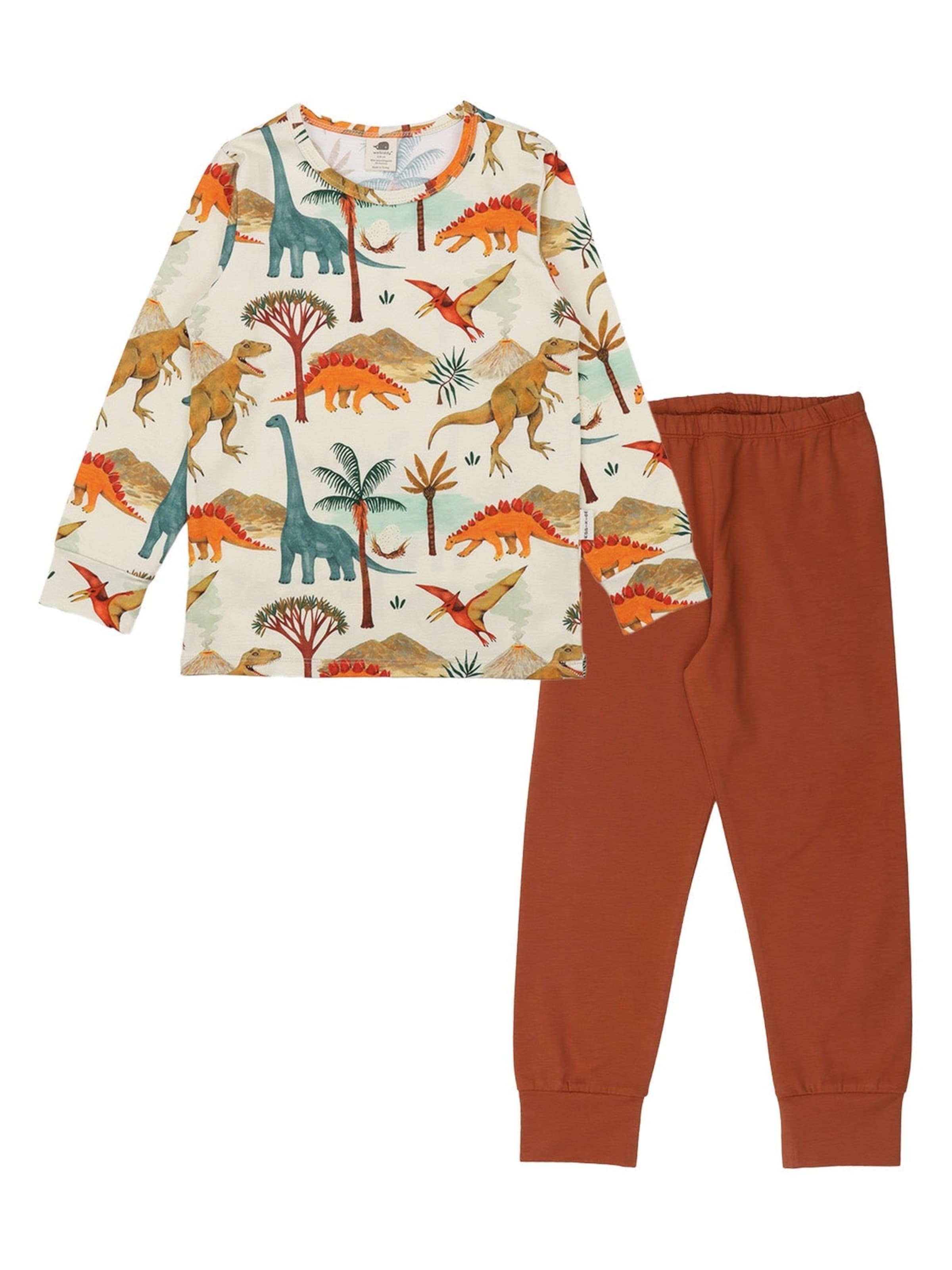 Walkiddy Pajamas 'Dinasaur World' in Brown: front