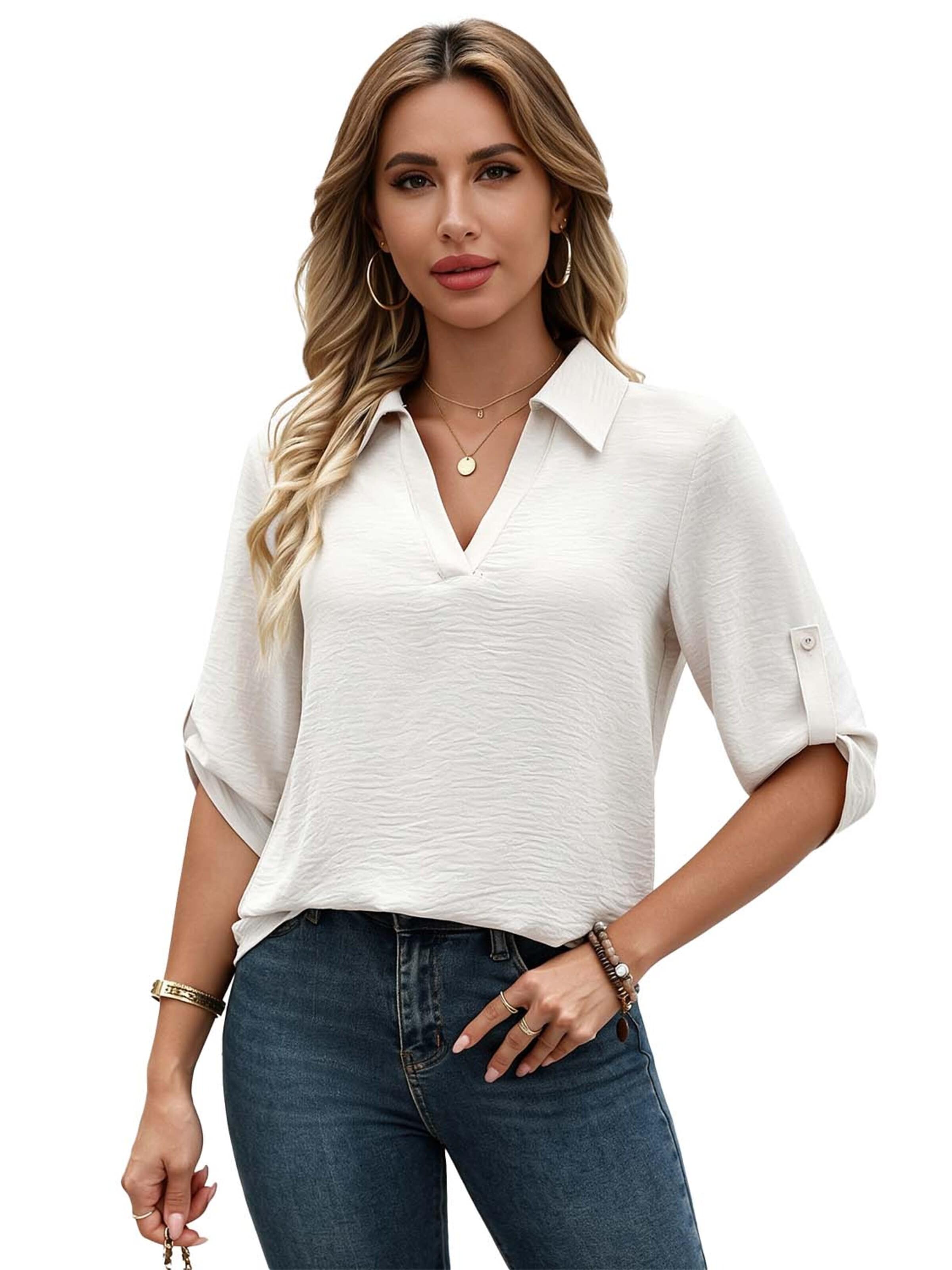 KoJooin Blouse 'Moderner Damen V-Ausschnitt Bluse mit 3/4-Ärmeln – Schlichte,lockere Passform für Büro und Freizeit' in S in White, Item view