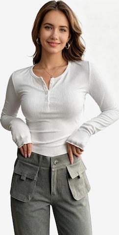 KoJooin Top 'Damen-Langarm-Henley-T-Shirts, gerippt, mit Knöpfen, schmal geschnitten,Basic-Tops,Blusen,Freizeit' w kolorze biały: przód