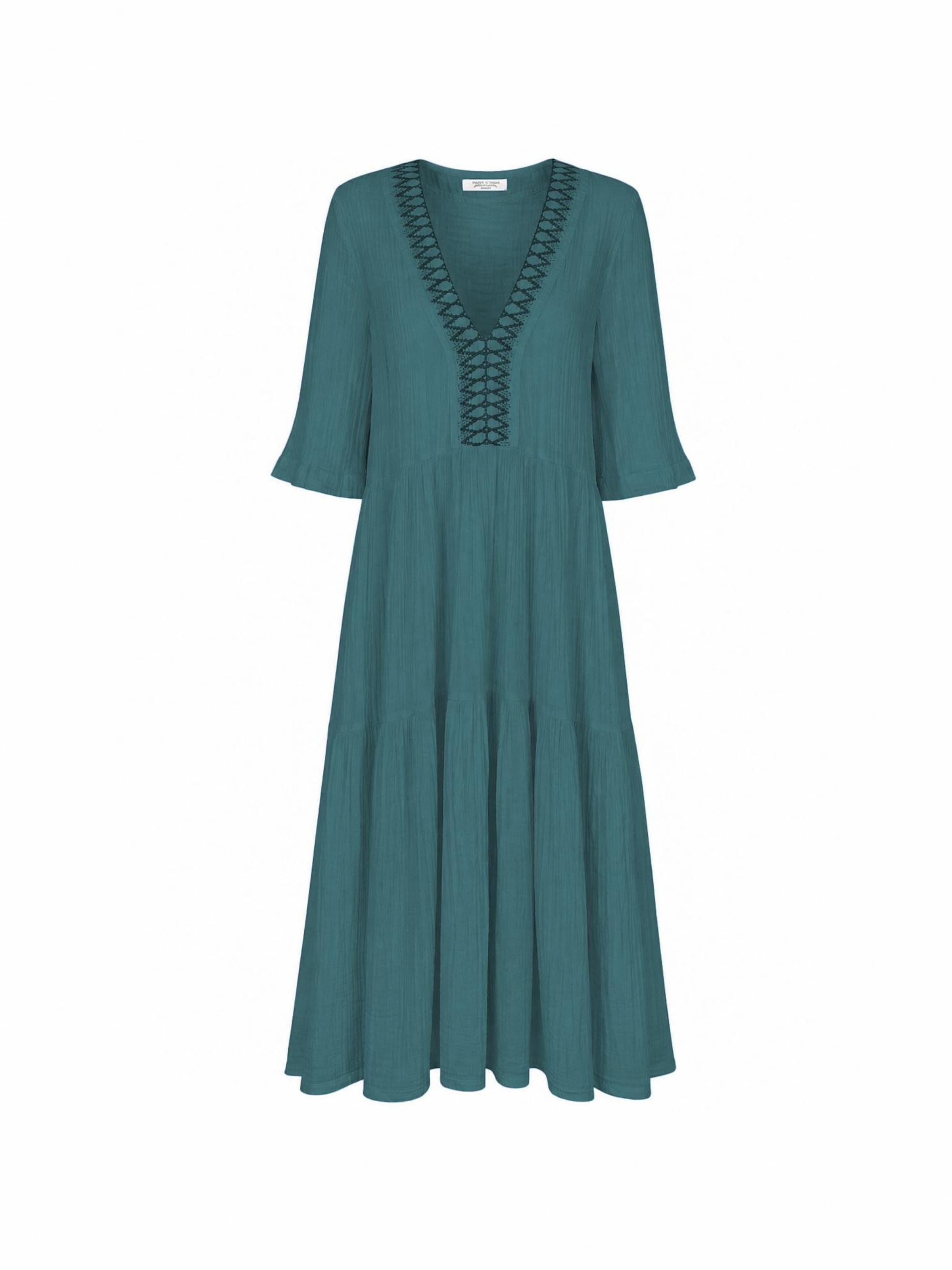 Haris Cotton Mekko 'Maxi Dress in Textured Cotton with Laced Trim V Neck' värissä vihreä: etupuoli
