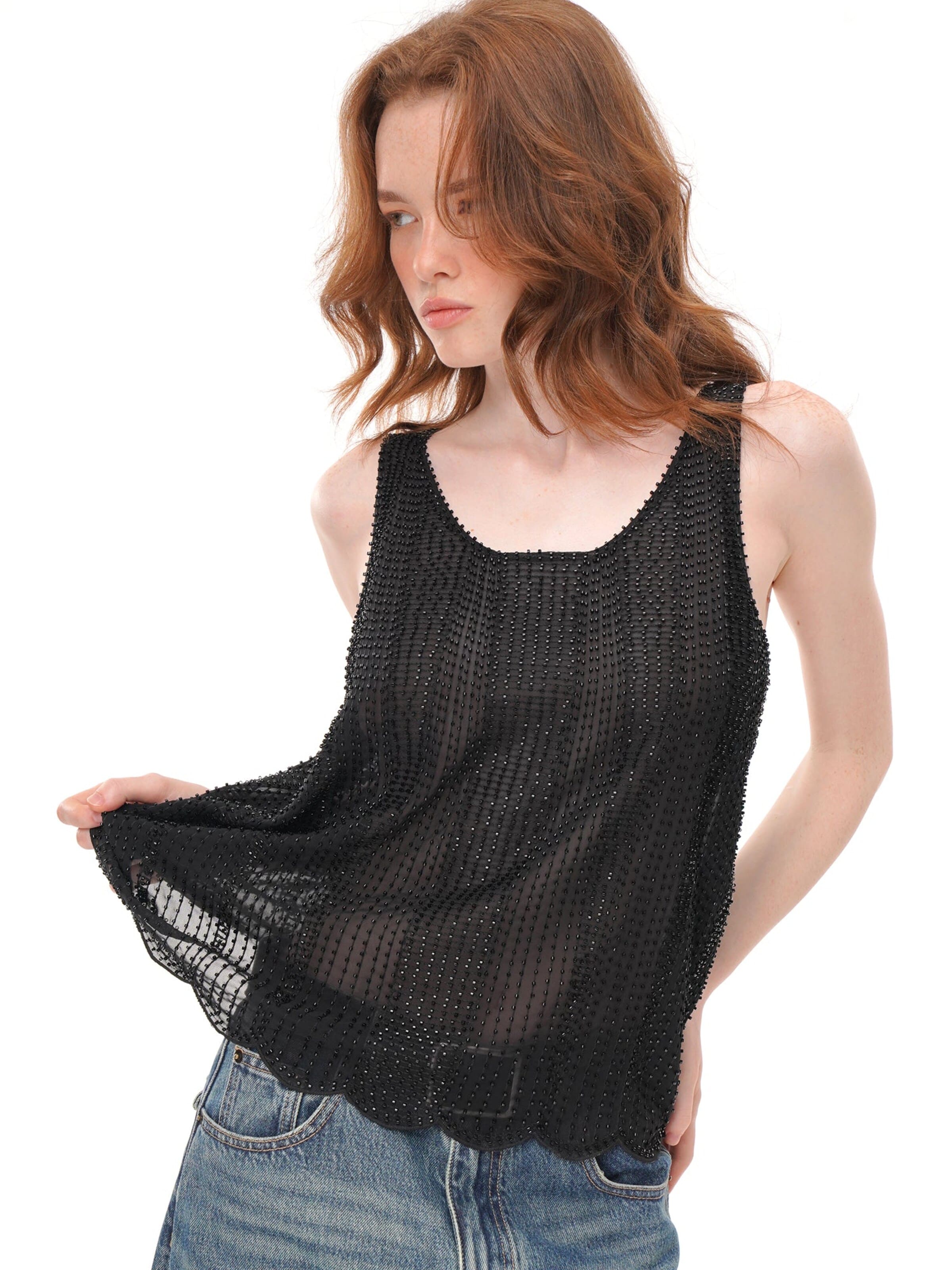 yoligex Shirt 'Black Sheer Rhinestone Bow Strap Cami Top' in Black: front