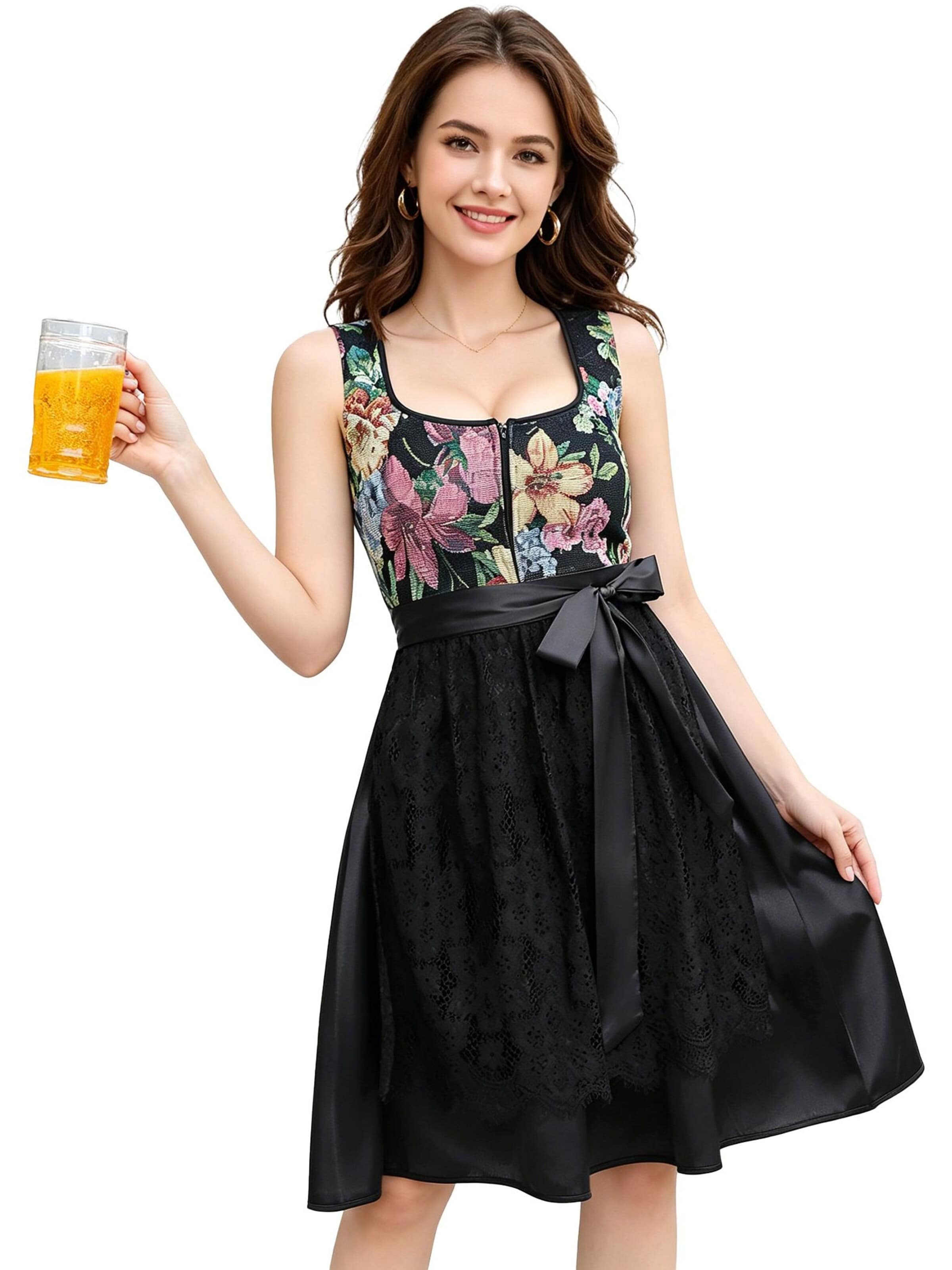 KoJooin Dirndl 'Damen 2-Teiliges Dirndl-Stil Set Mit Jacquardkleid, Satinakzenten Und Schürze' w kolorze czarny
